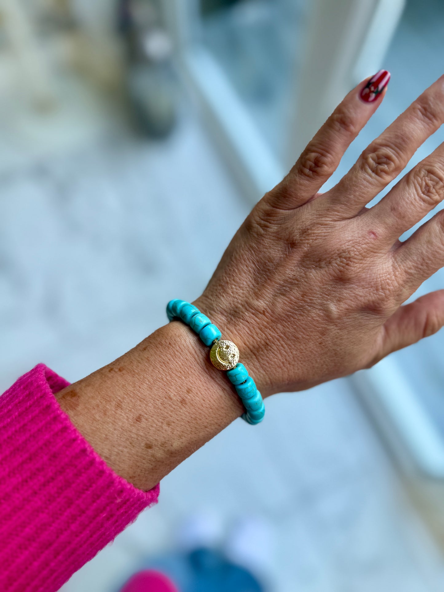 Gold Smiley & Blue Turquoise Gemstone Bracelet