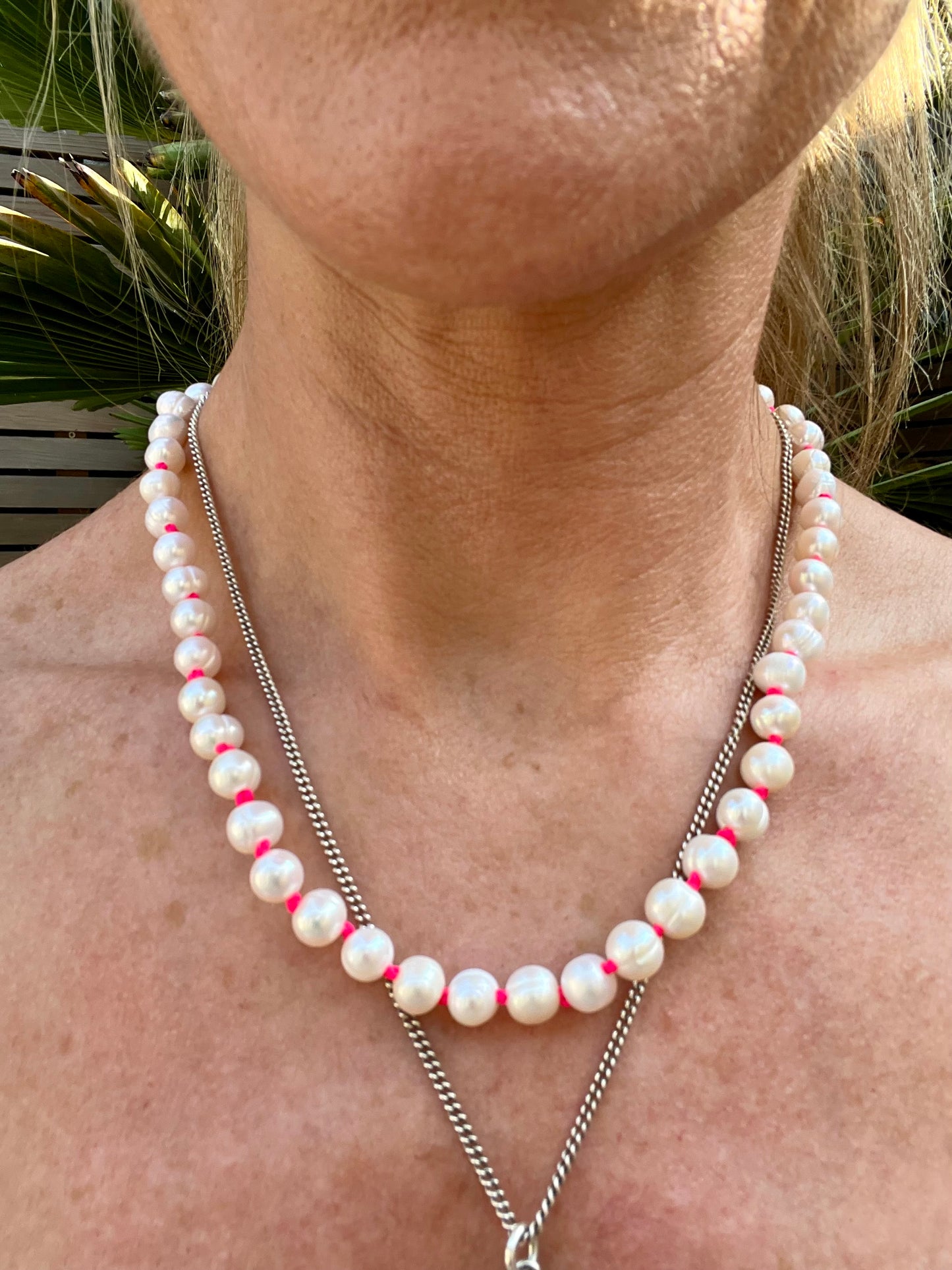 Hand Knotted Neon Pink Pearl Necklace