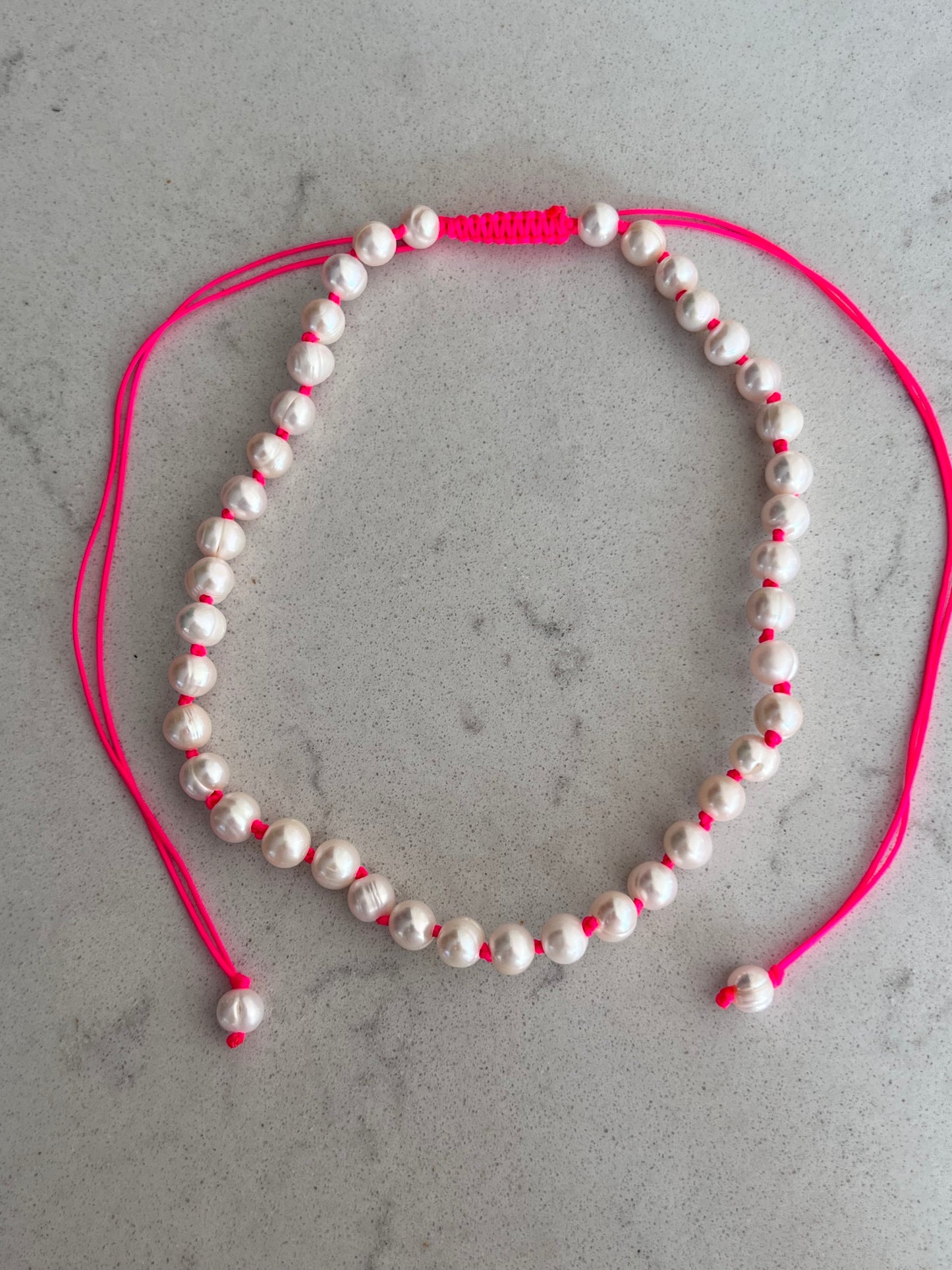 Hand Knotted Neon Pink Pearl Necklace