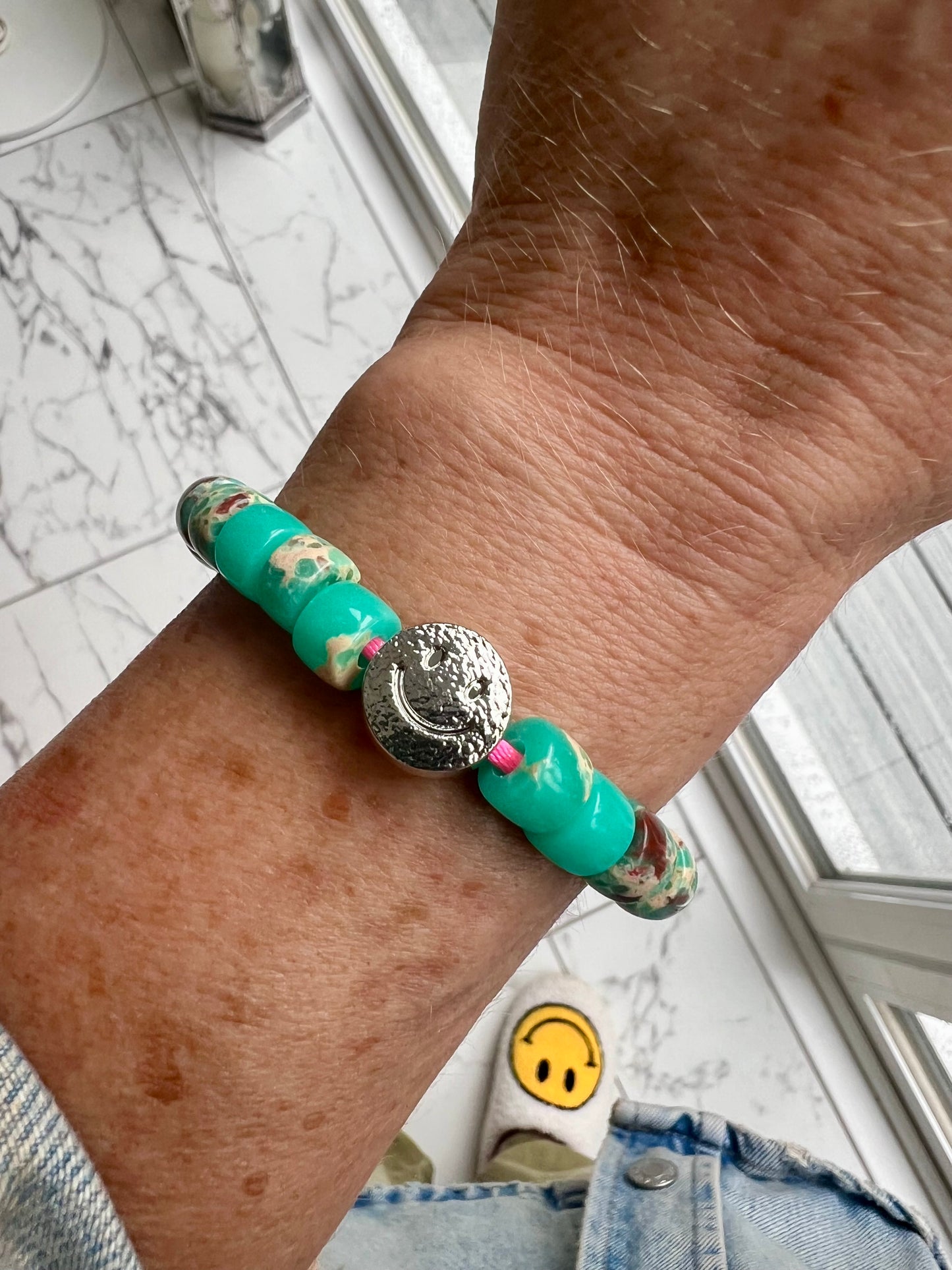 Silver Smiley Teal Gemstone Bracelet