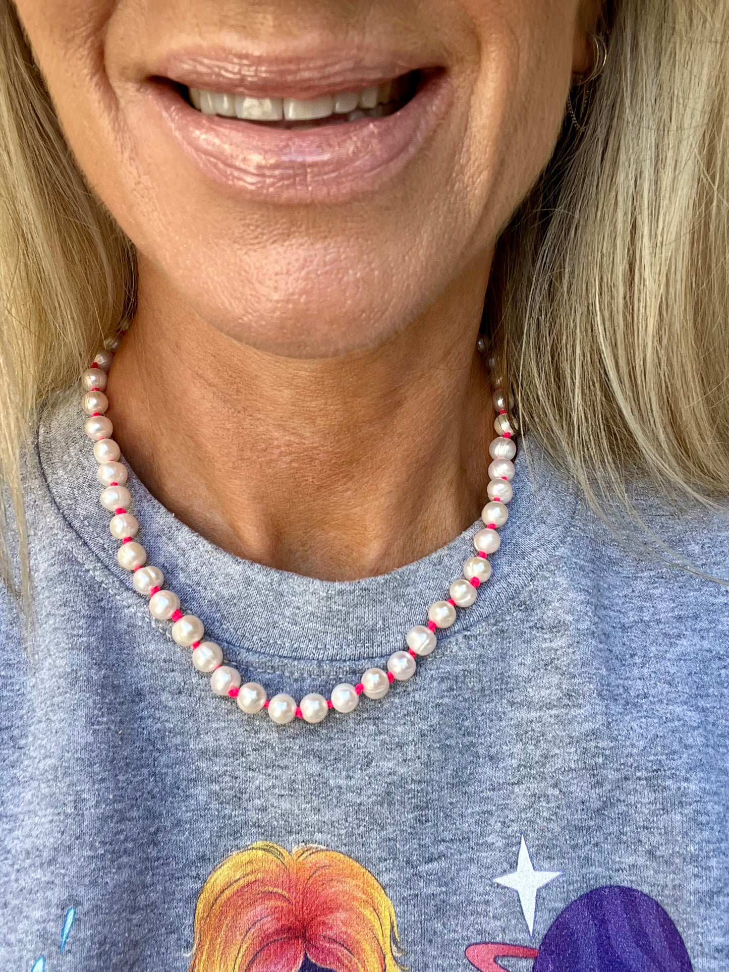Hand Knotted Neon Pink Pearl Necklace