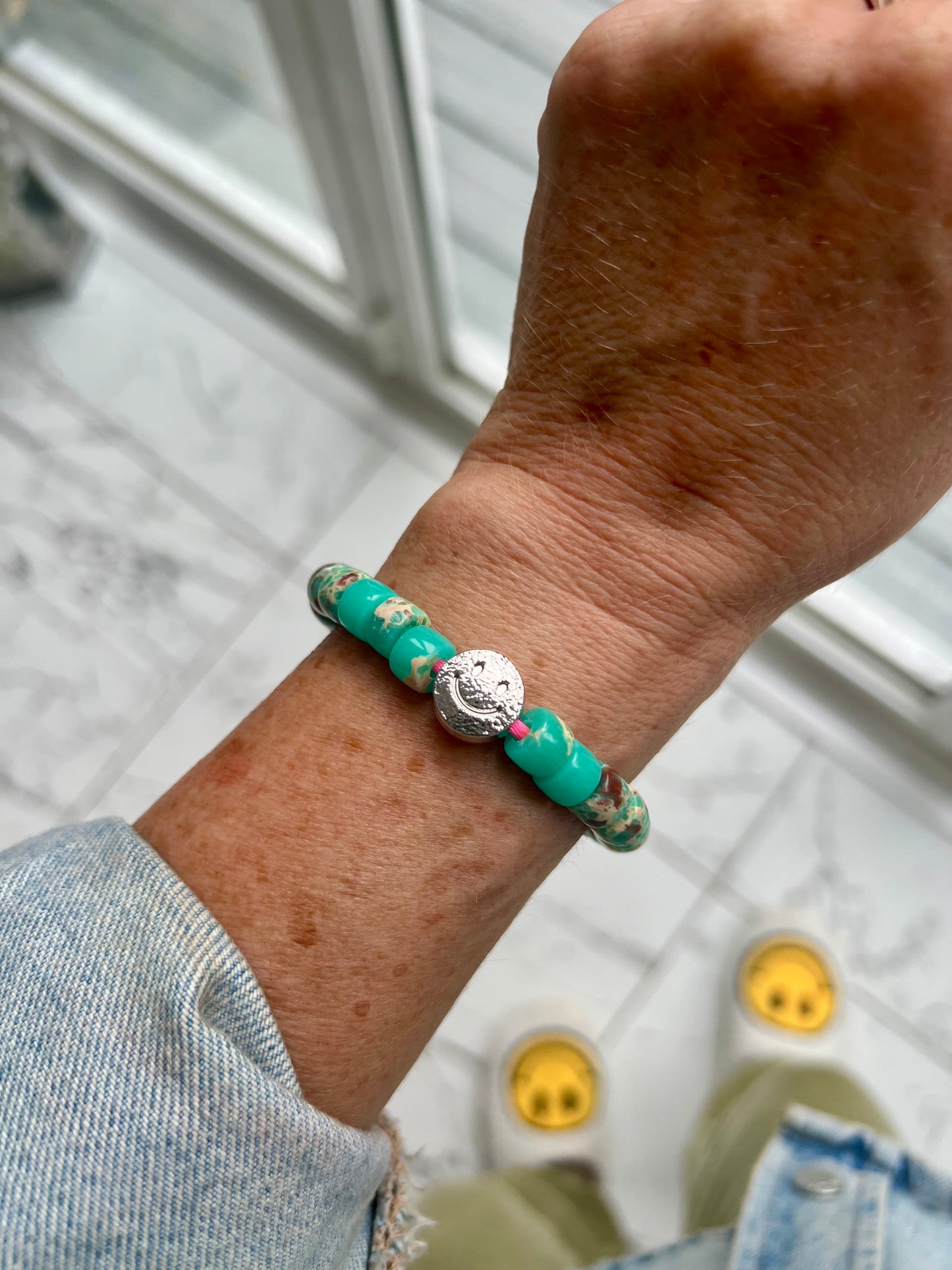 Silver Smiley Teal Gemstone Bracelet