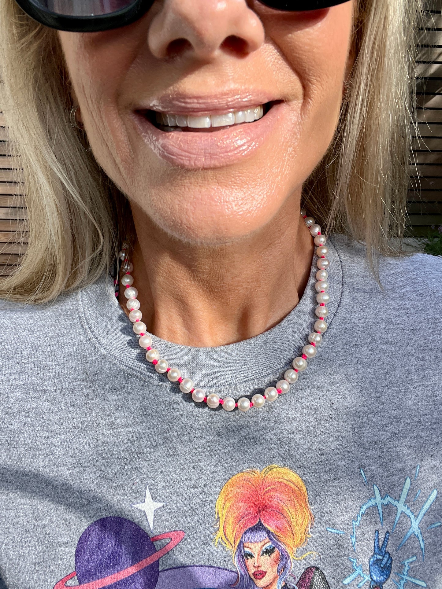 Hand Knotted Neon Pink Pearl Necklace