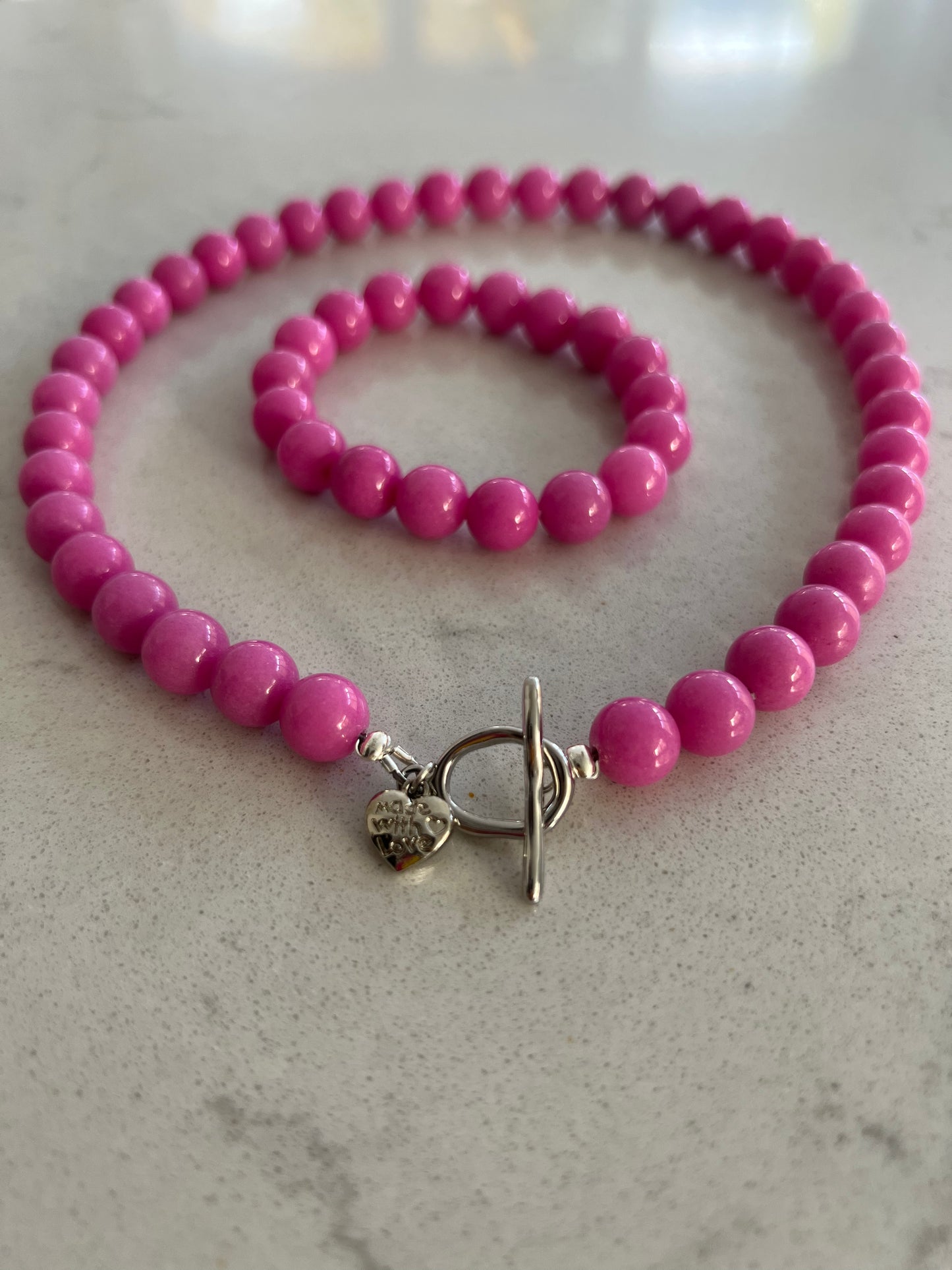 Pink Jade Semi-Precious Necklace & Bracelet Set 🩷