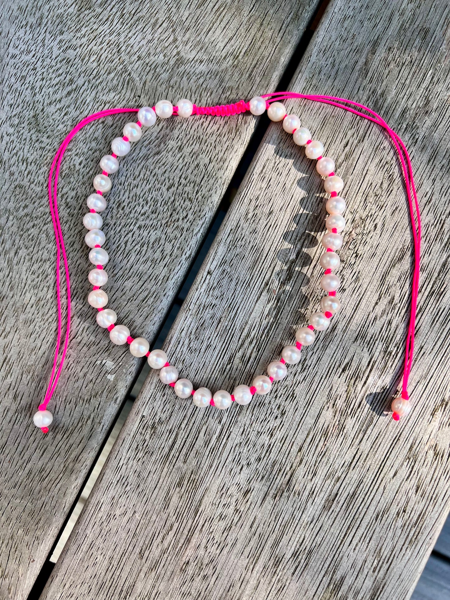 Hand Knotted Neon Pink Pearl Necklace