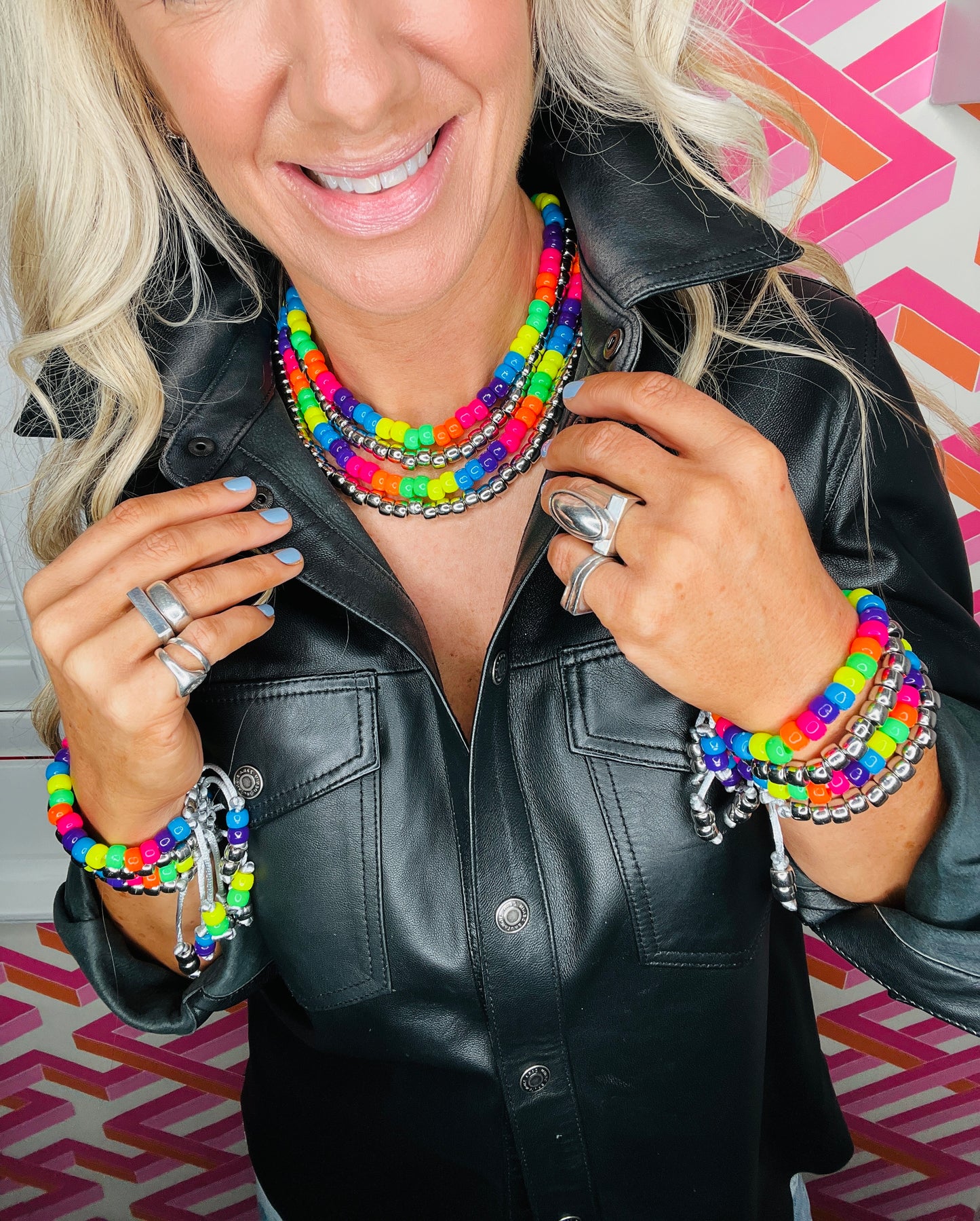 Neon Beaded Necklace & Bracelet Set
