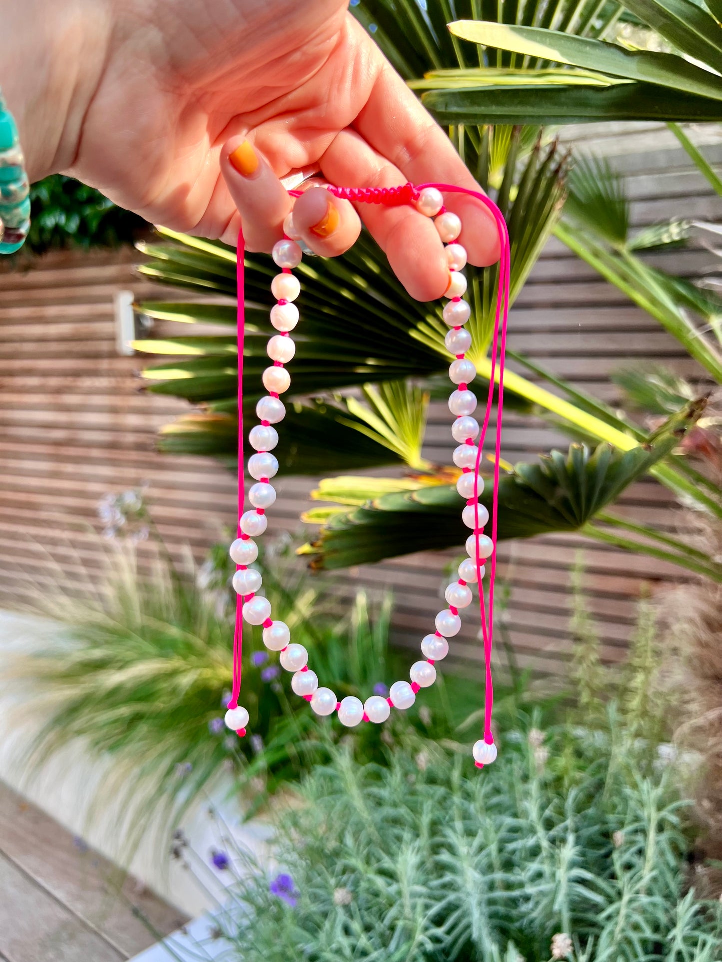 Hand Knotted Neon Pink Pearl Necklace