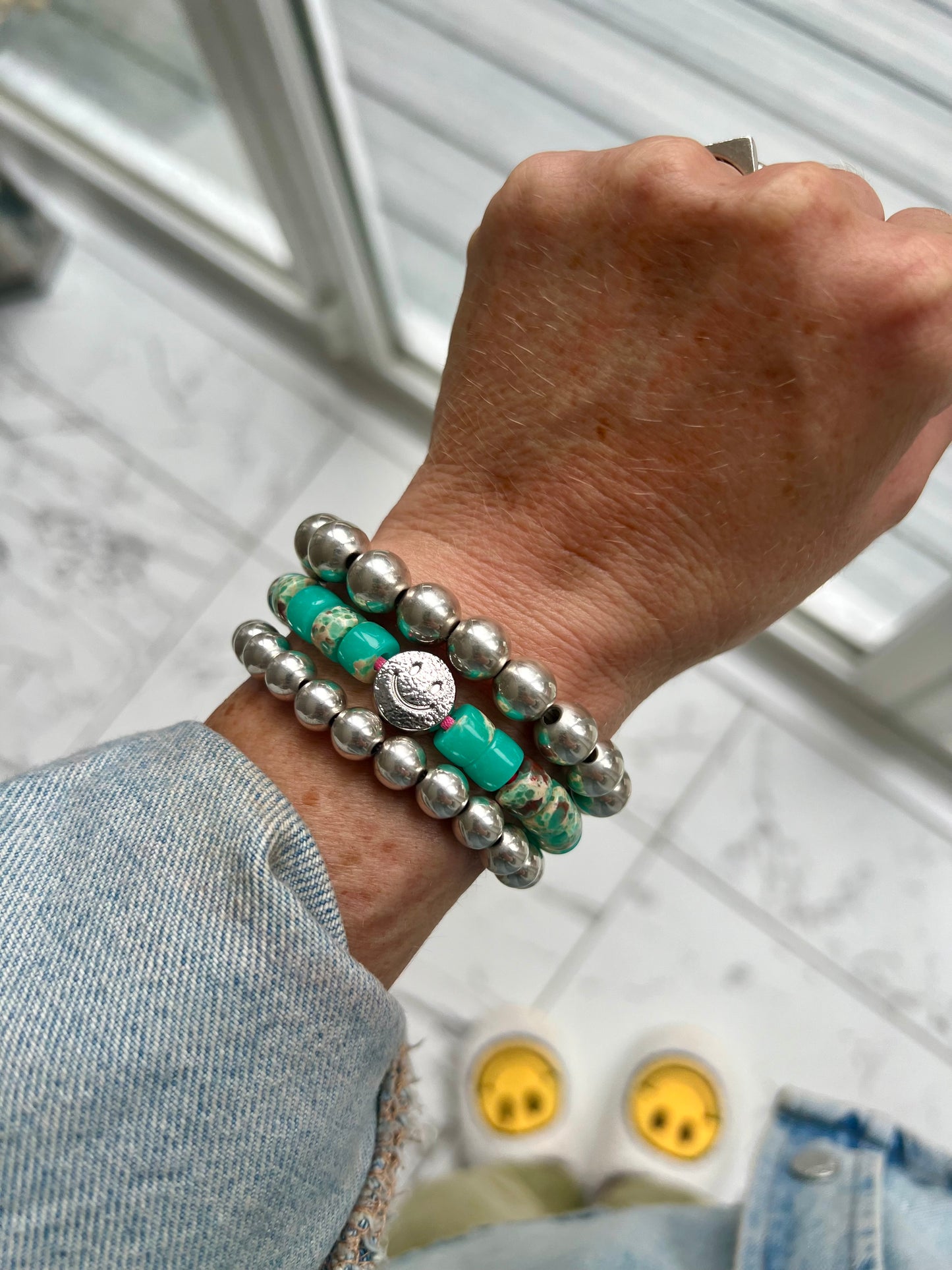 Silver Smiley Teal Gemstone Bracelet
