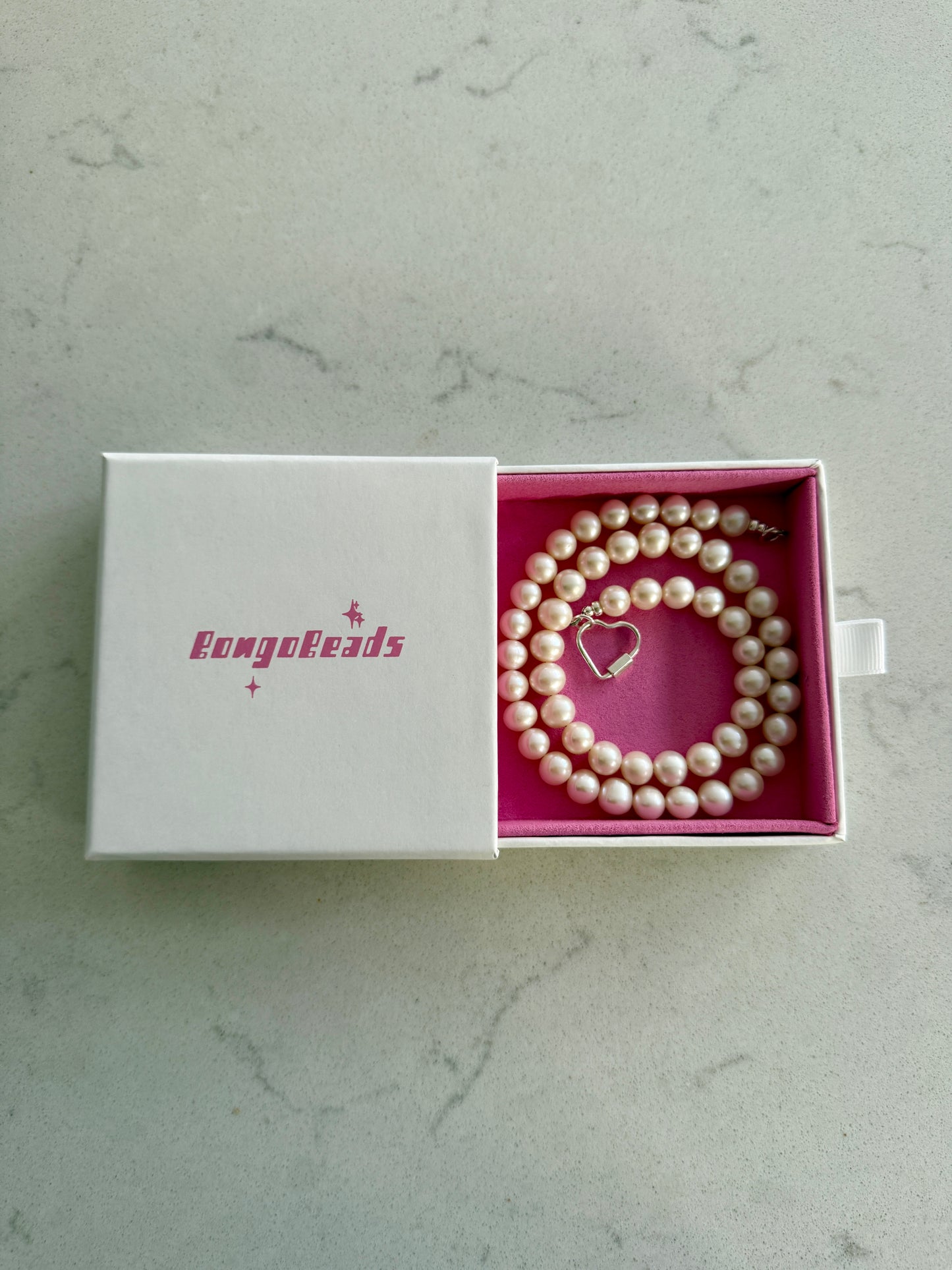 Pearl Necklace with Heart Carabiner Clasp