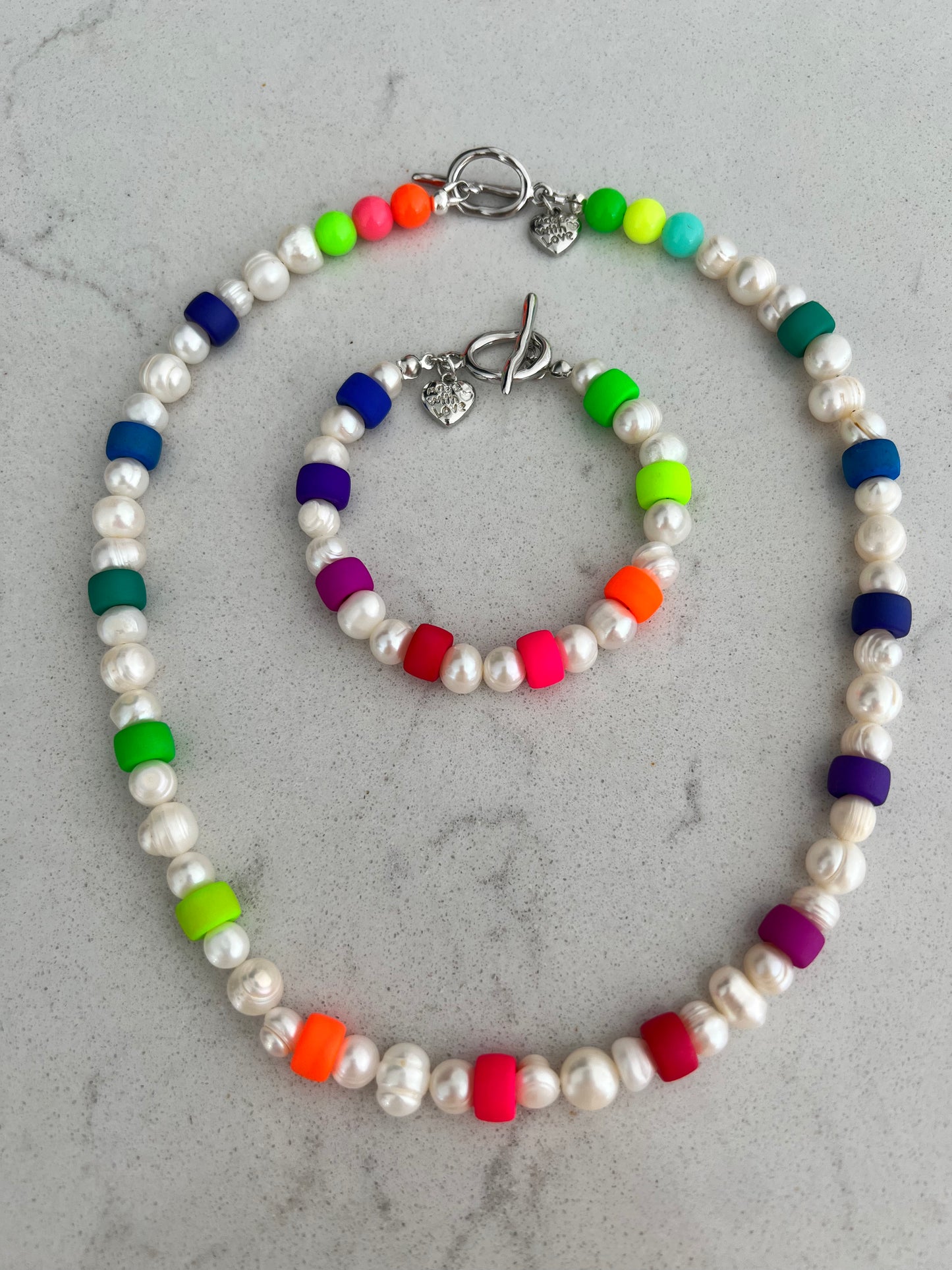 Neon Czech Pony Bead & Pearl Necklace & Bracelet Set🦄