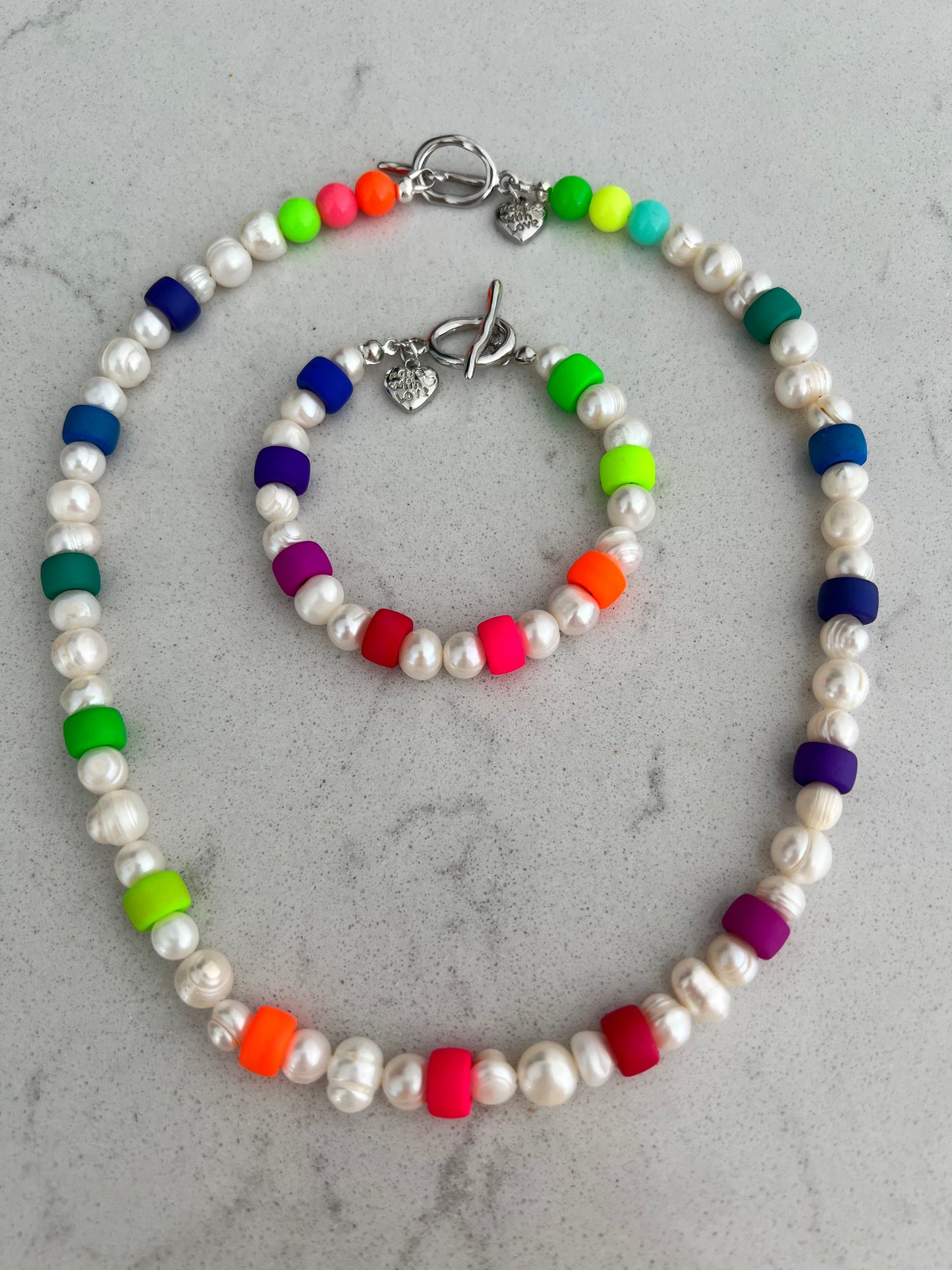 Neon Czech Pony Bead & Pearl Necklace & Bracelet Set🦄