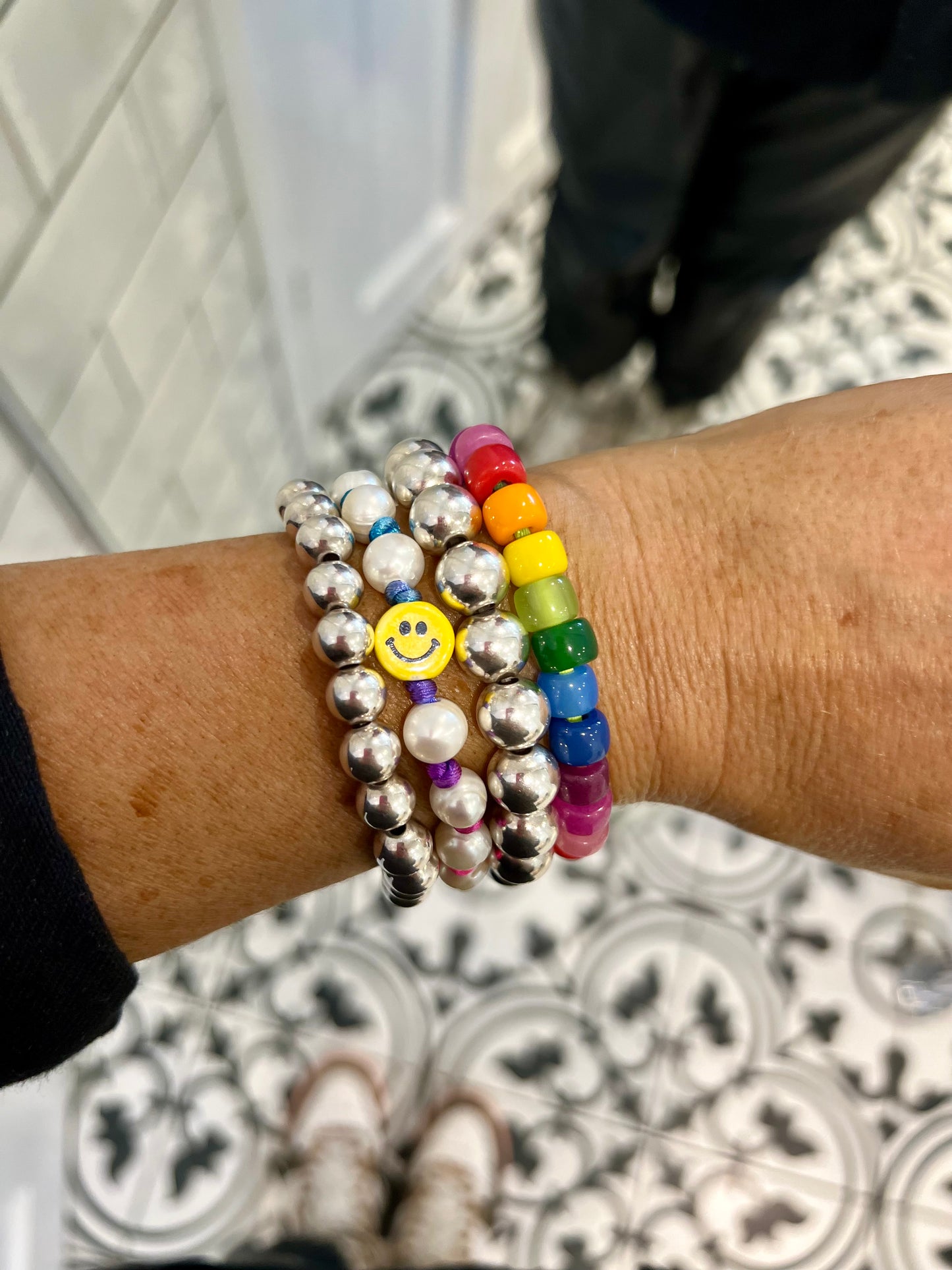 Hand Knotted Neon Smiley Pearl Bracelet 🌈🤍