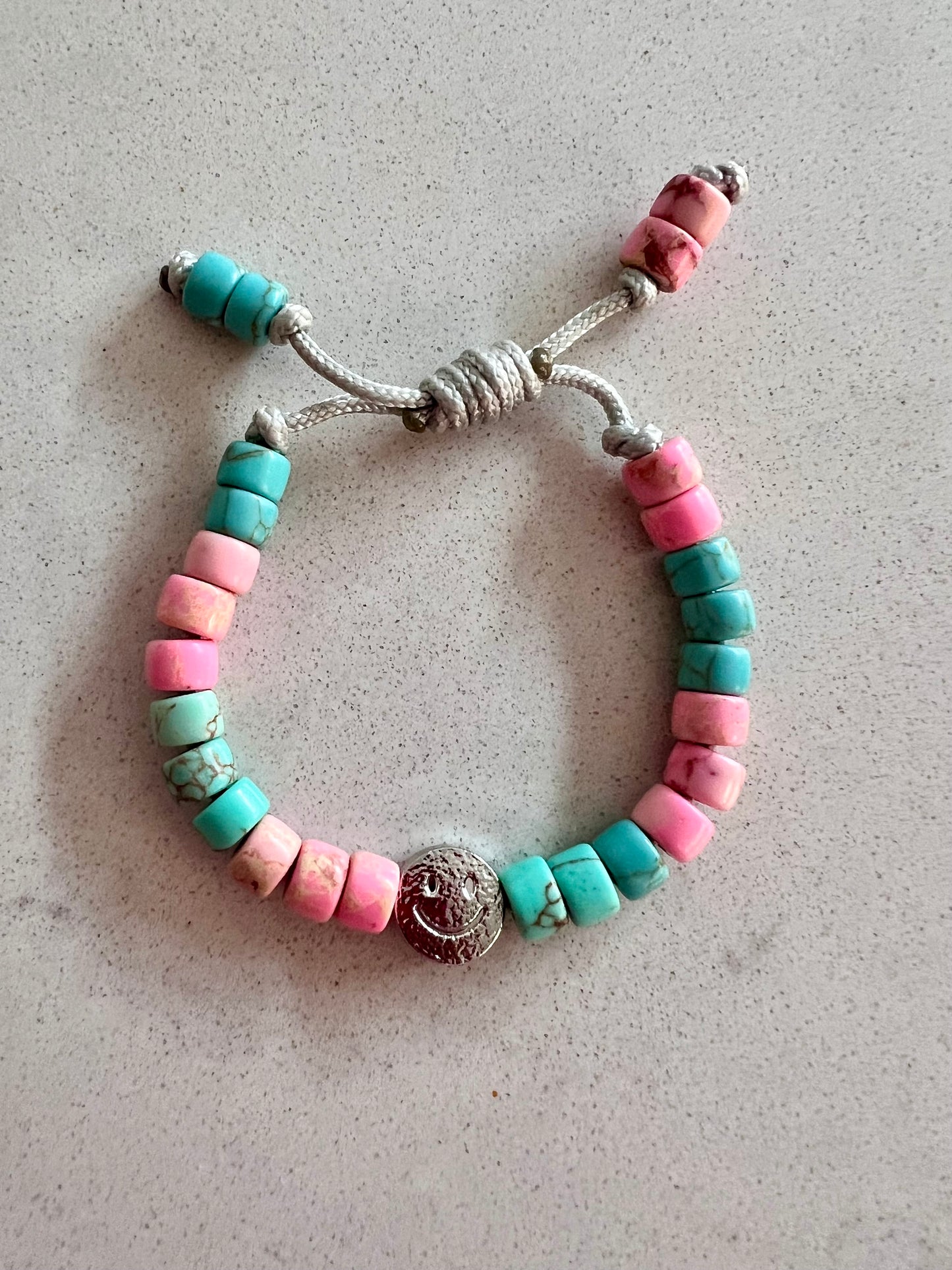 Silver Smiley & Turquoise/Pink Gemstone Bracelet