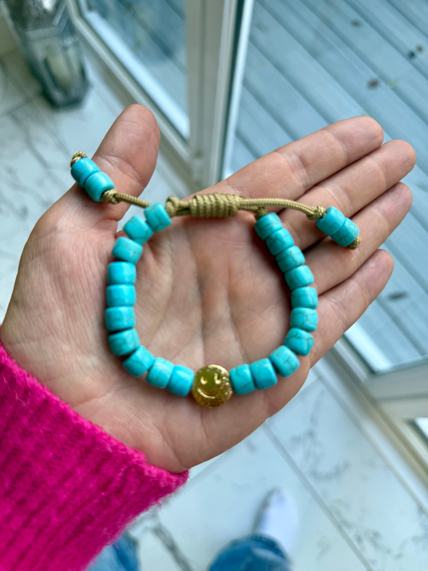 Gold Smiley & Blue Turquoise Gemstone Bracelet