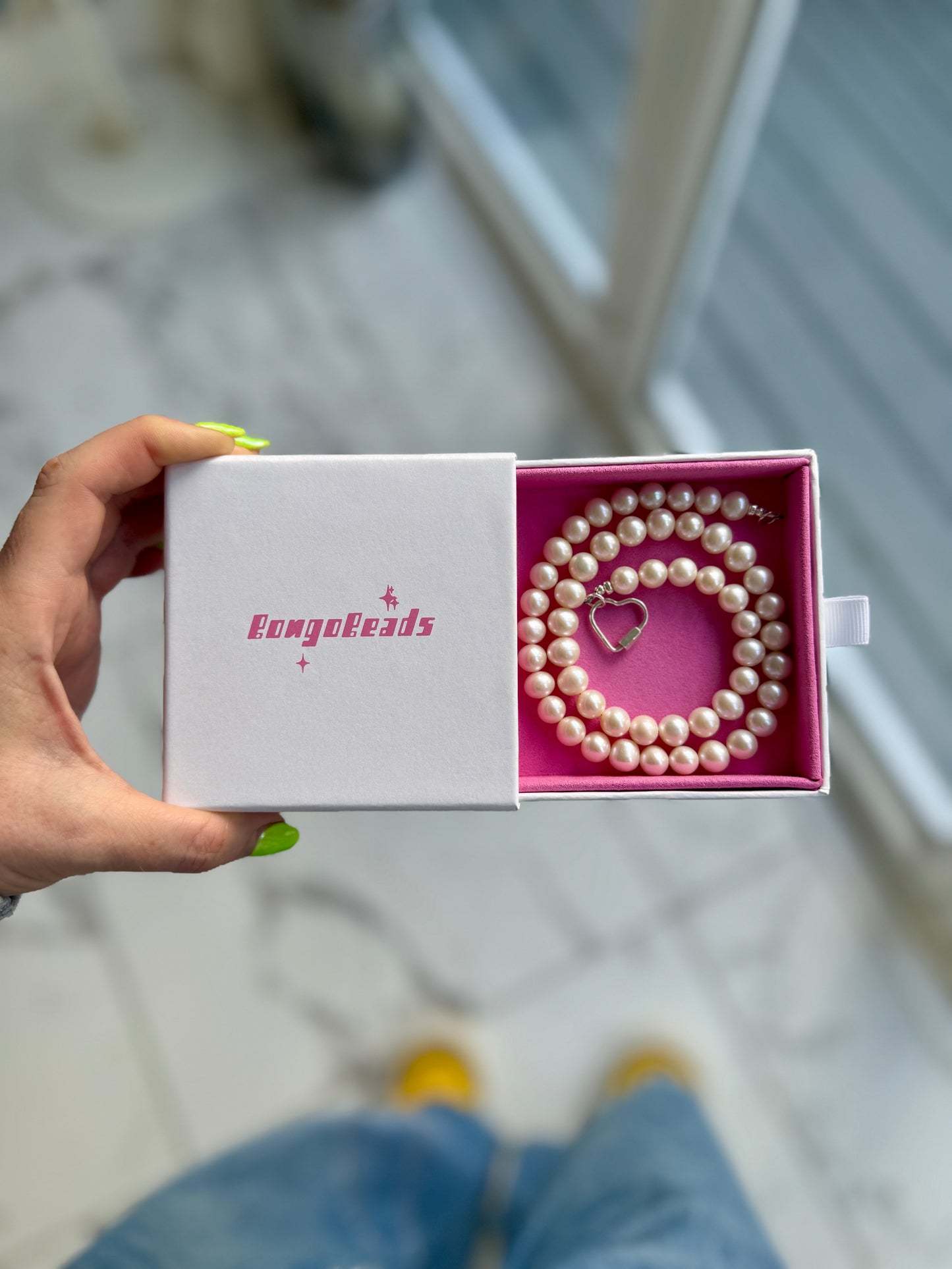 Pearl Necklace with Heart Carabiner Clasp