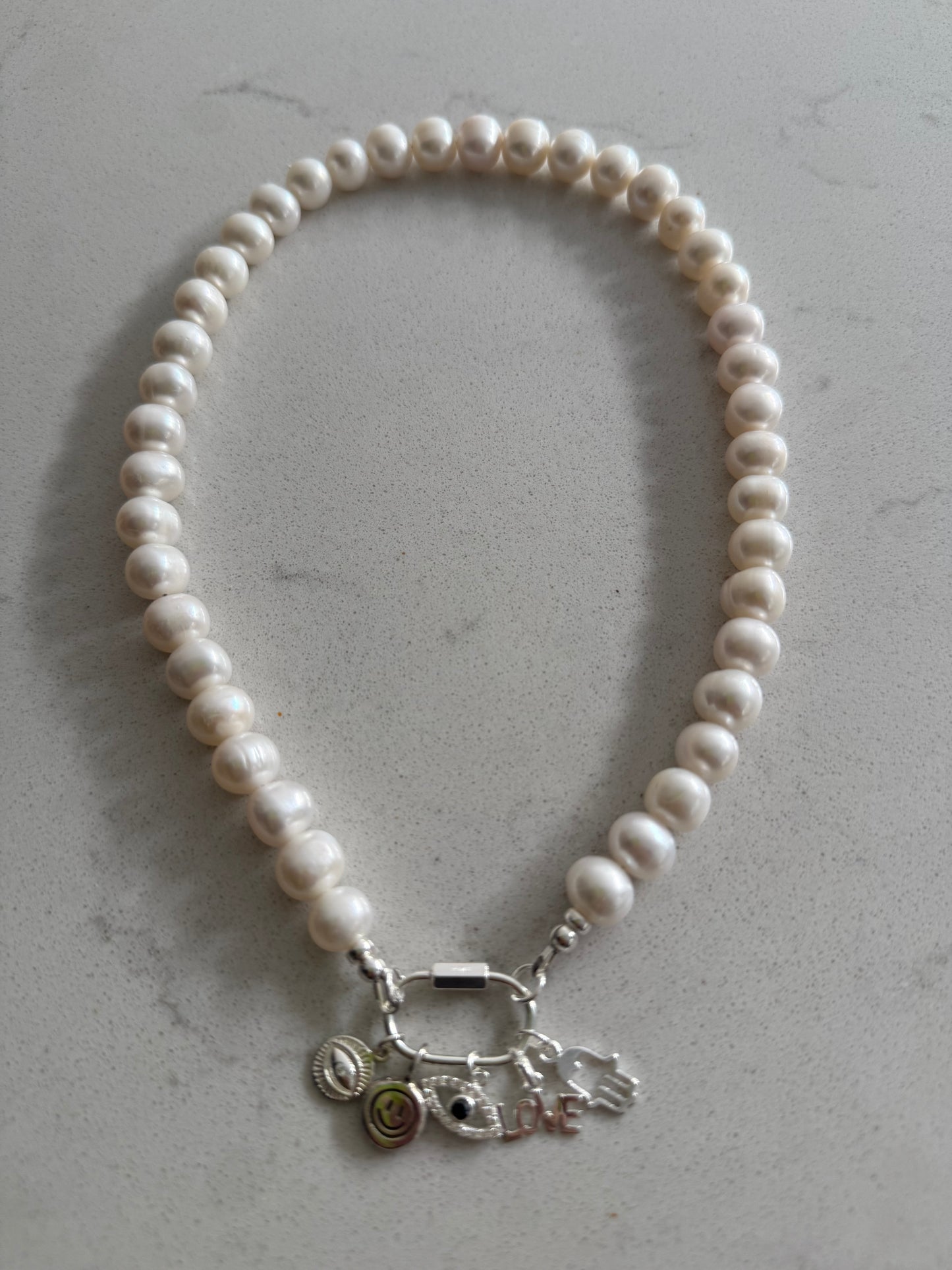 Chunky Pearl Necklace with Oval Carabiner Clasp