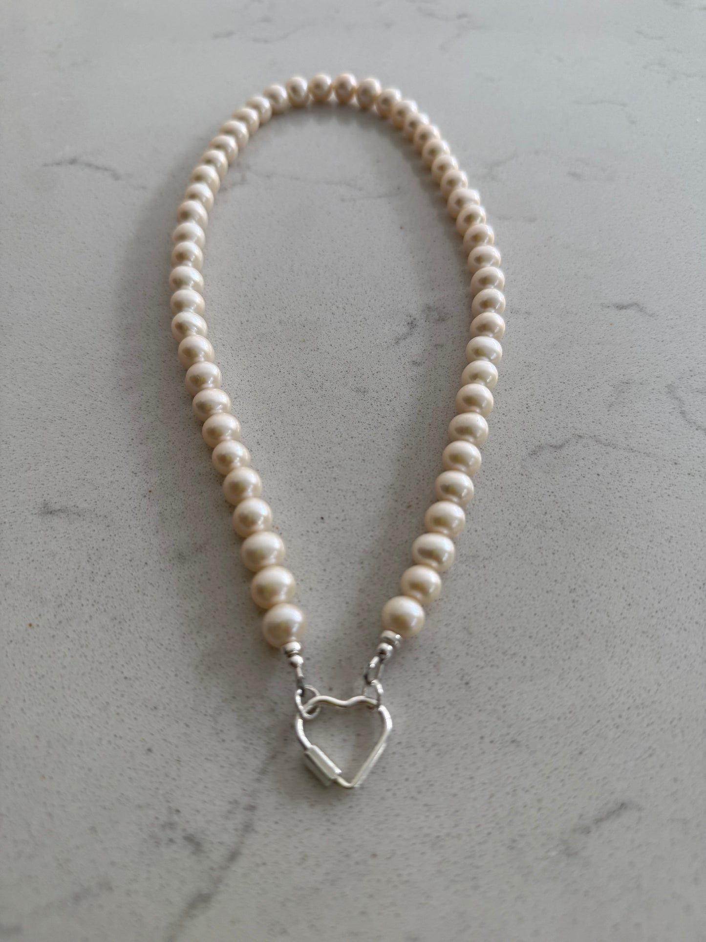 Pearl Necklace with Heart Carabiner Clasp