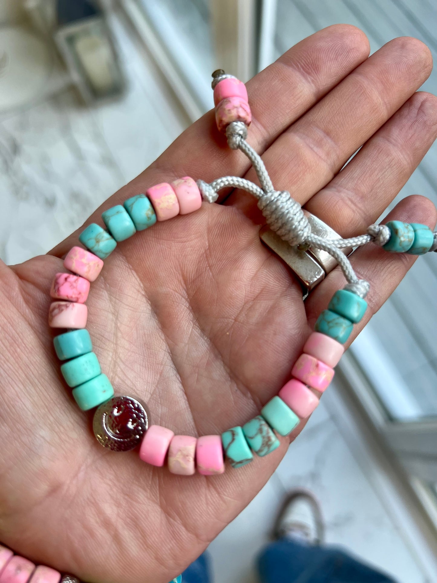 Silver Smiley & Turquoise/Pink Gemstone Bracelet