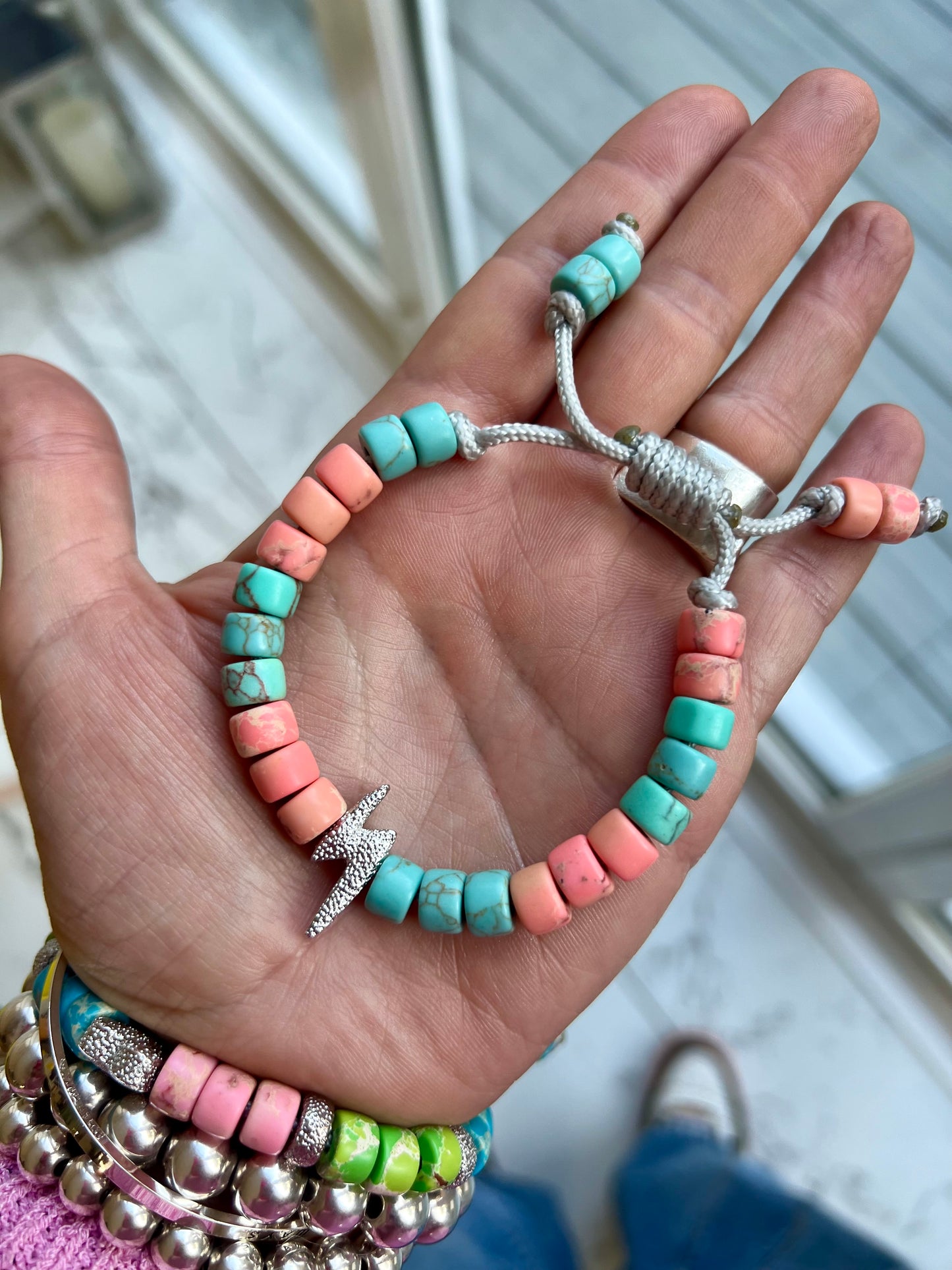 Silver Bolt & Turquoise/Peach Gemstone Bracelet