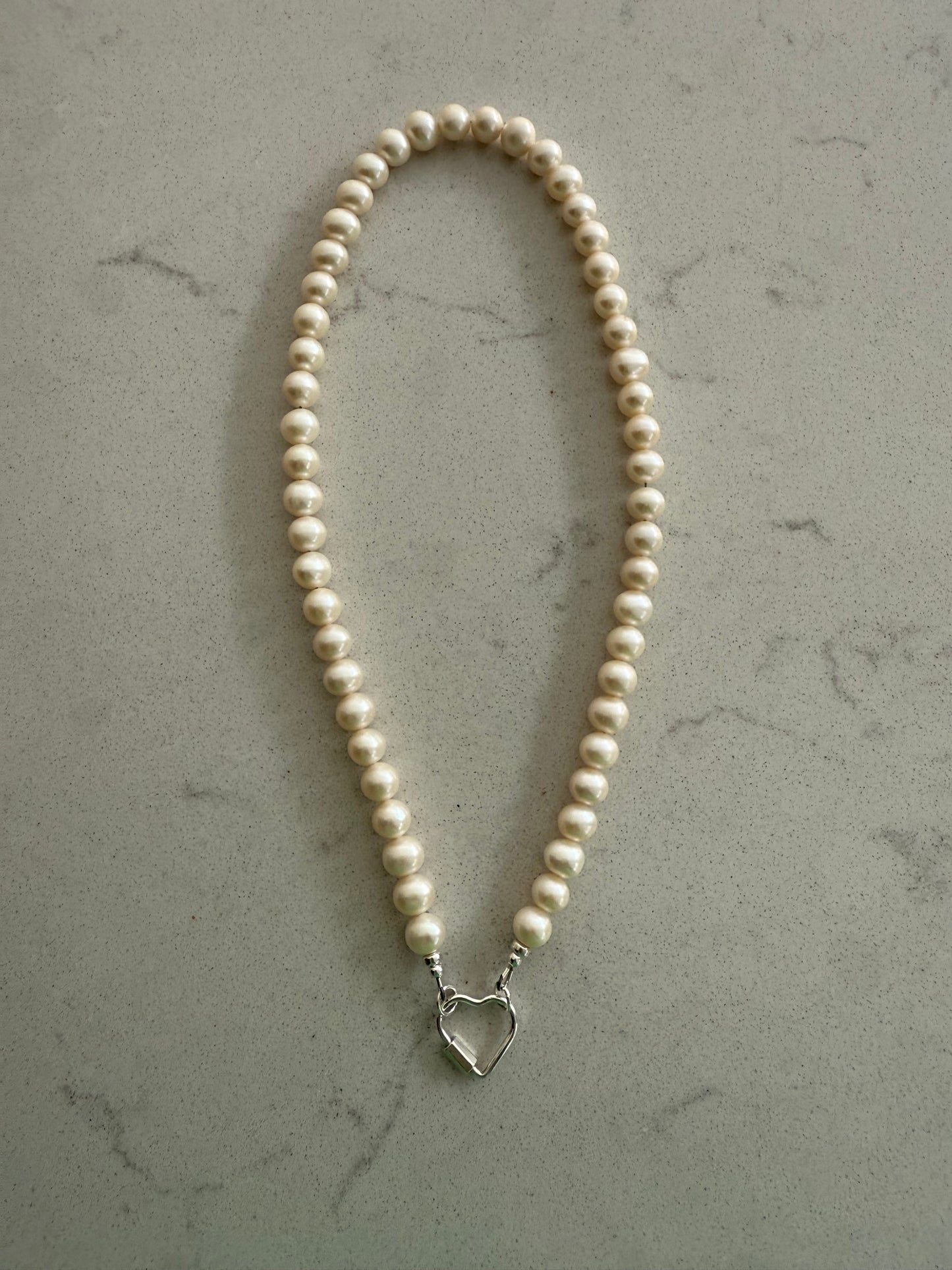 Pearl Necklace with Heart Carabiner Clasp