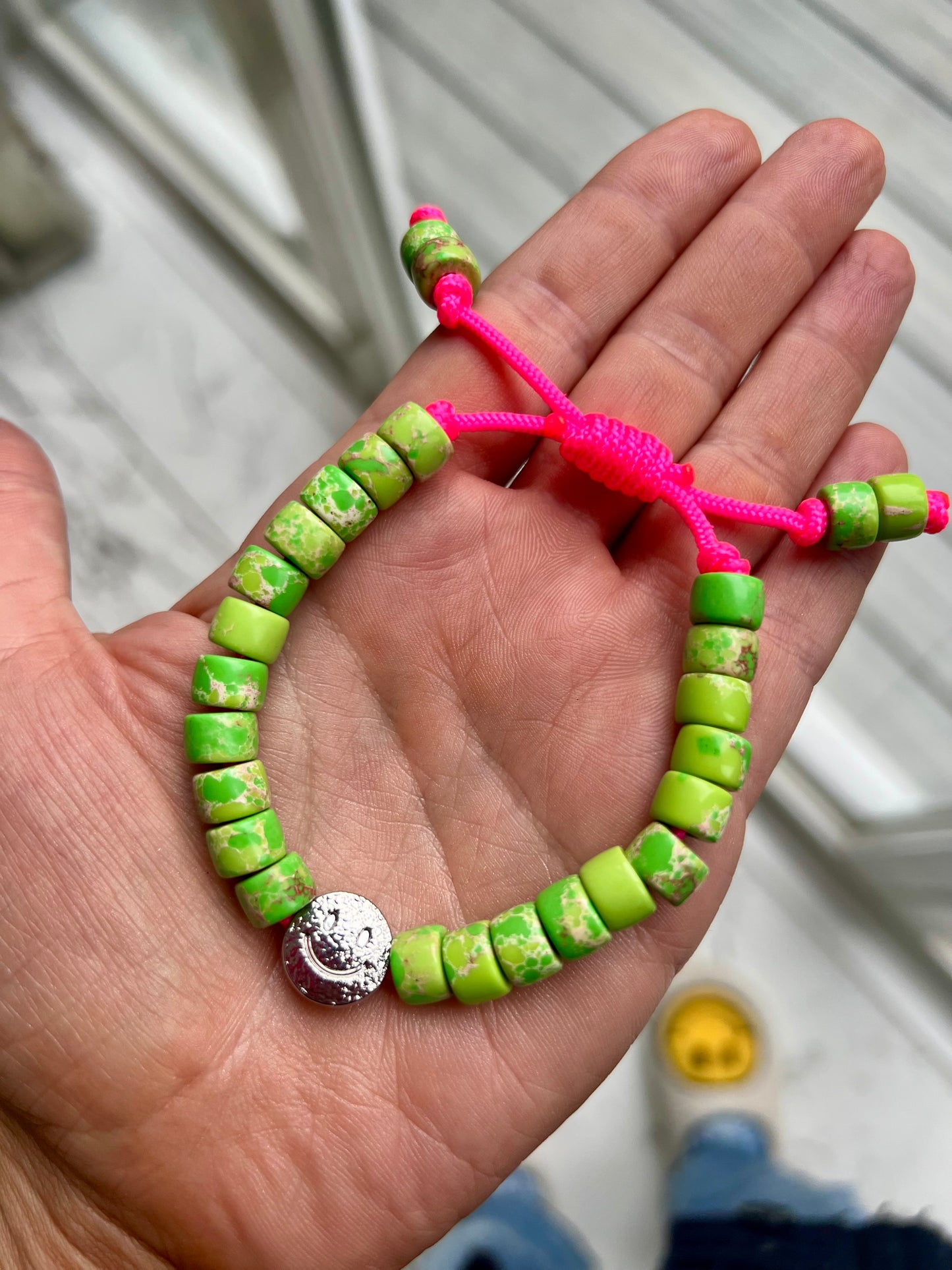 Silver Smiley & Green Gemstone Bracelet