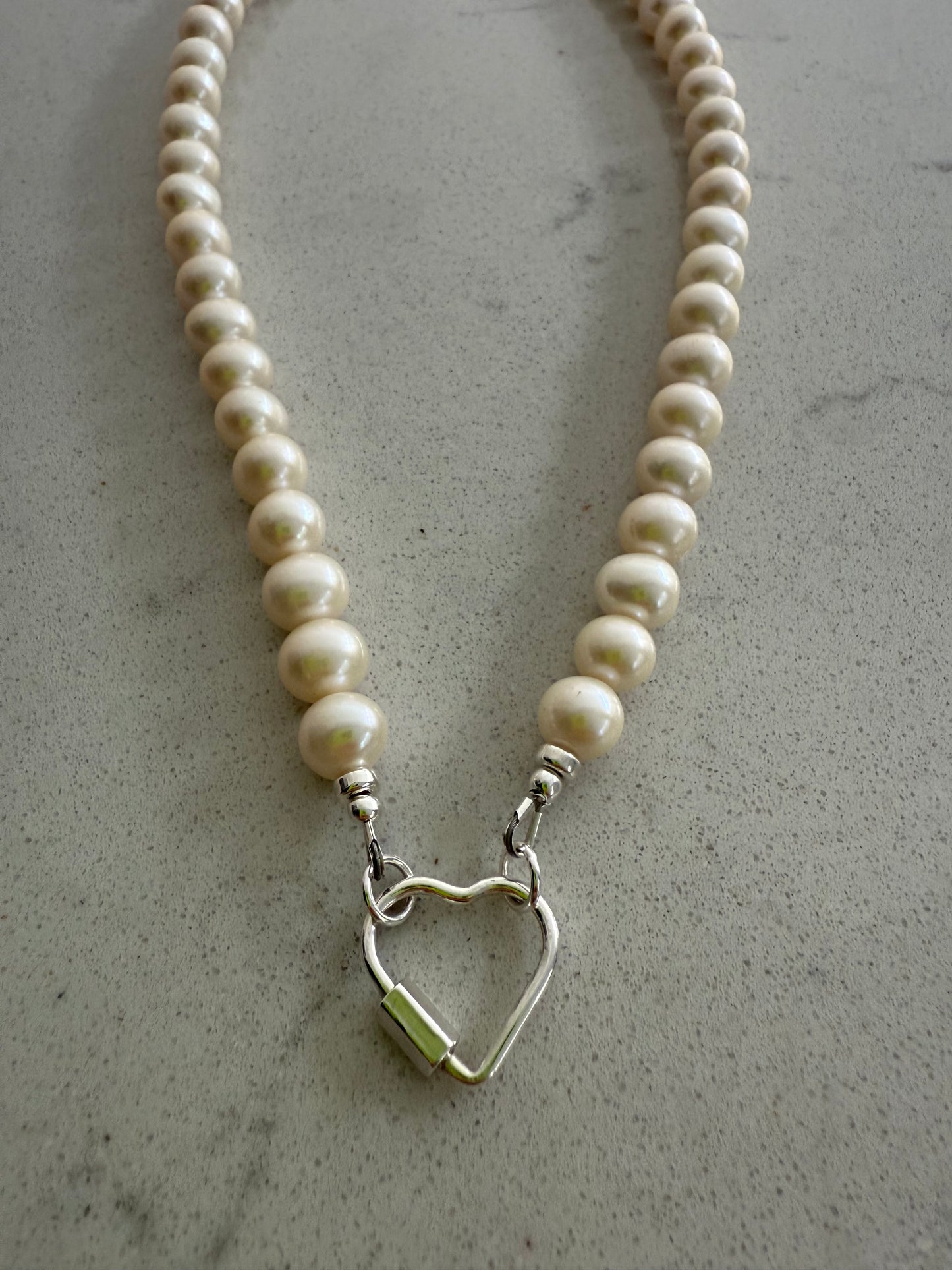 Pearl Necklace with Heart Carabiner Clasp