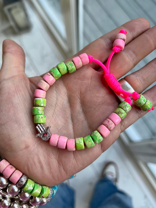 Silver Hamsa & Pink/Green Gemstone Bracelet