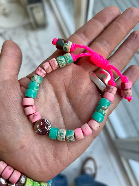 Silver Smiley & Pink/Teal Gemstone Bracelet