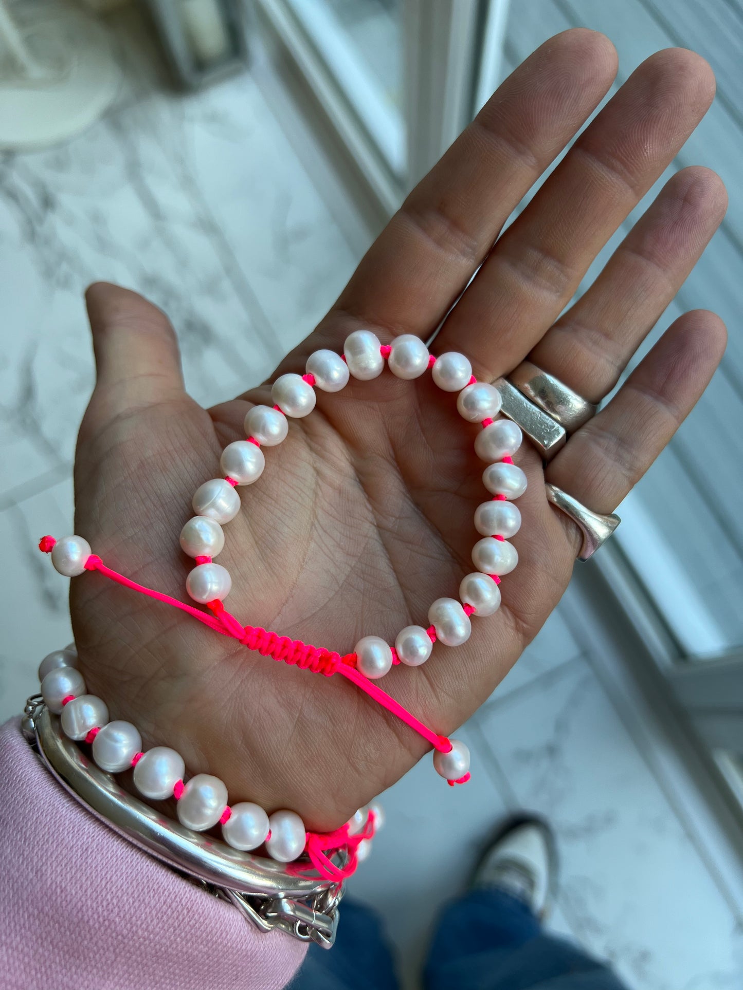 Hand Knotted Neon Pink Pearl Bracelet
