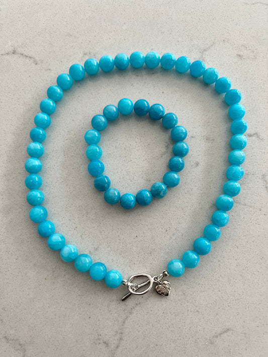 Blue Jade Semi-Precious Necklace & Bracelet Set 🩵💙