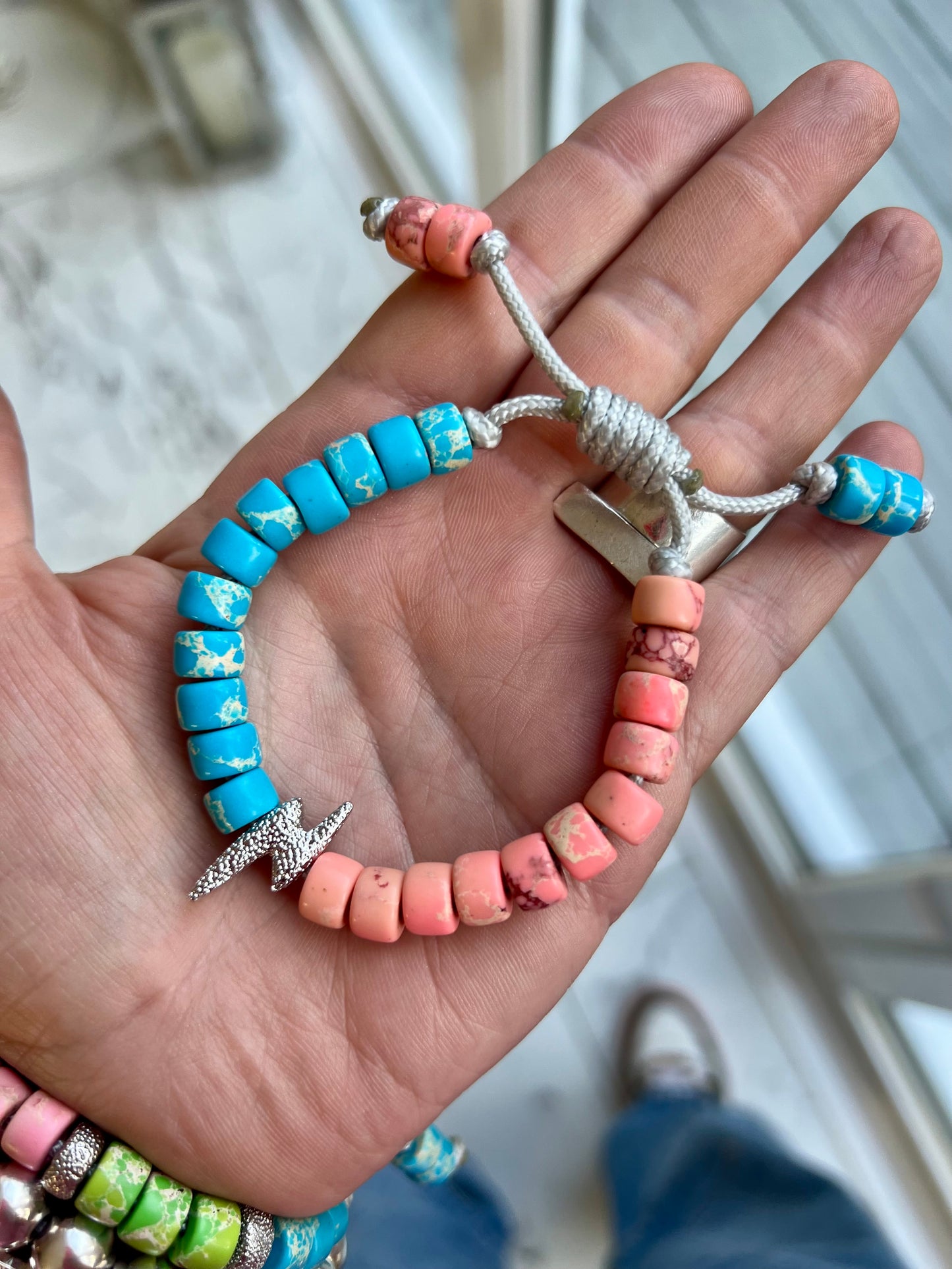 Silver Bolt & Blue/Peach Gemstone Bracelet