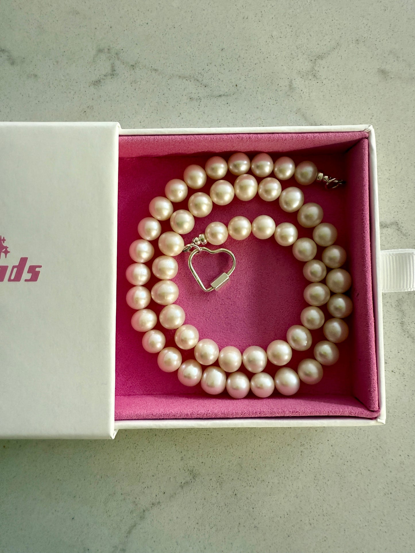 Pearl Necklace with Heart Carabiner Clasp
