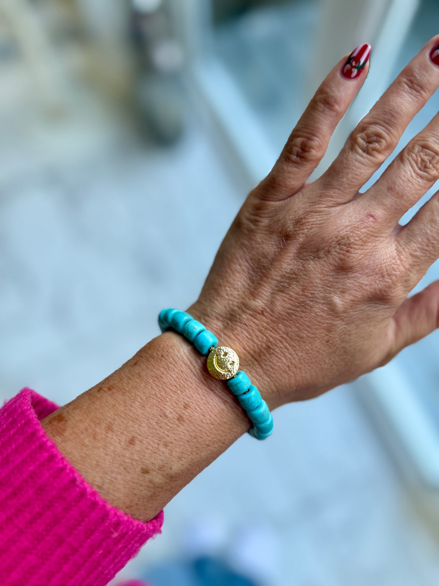 Gold Smiley & Blue Turquoise Gemstone Bracelet