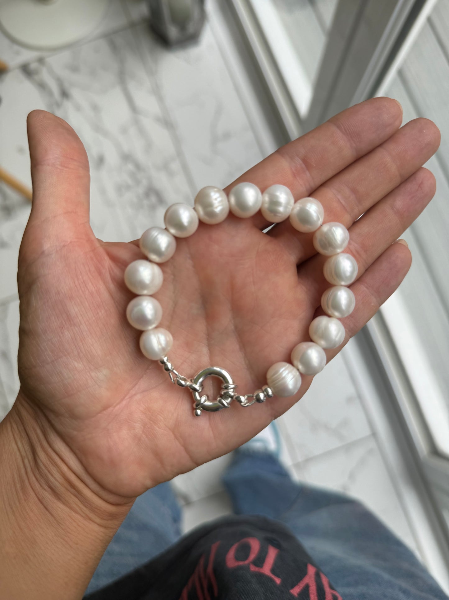 XL Chunky Pearl Bracelet with Sterling Silver Bolt Clasp