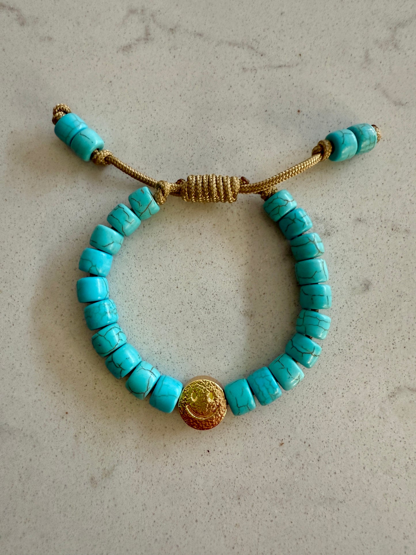 Gold Smiley & Blue Turquoise Gemstone Bracelet