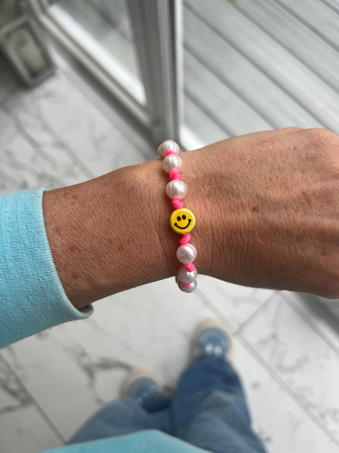 Hand Knotted Neon Smiley Pearl Bracelet 🌈🤍