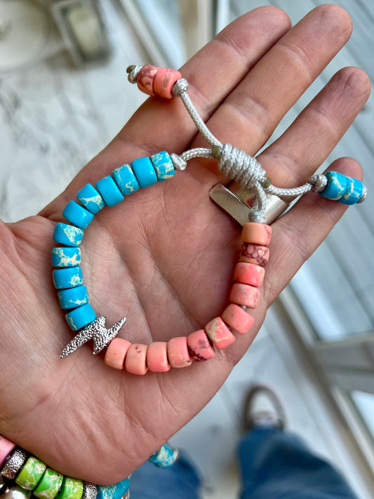 Silver Bolt & Blue/Peach Gemstone Bracelet