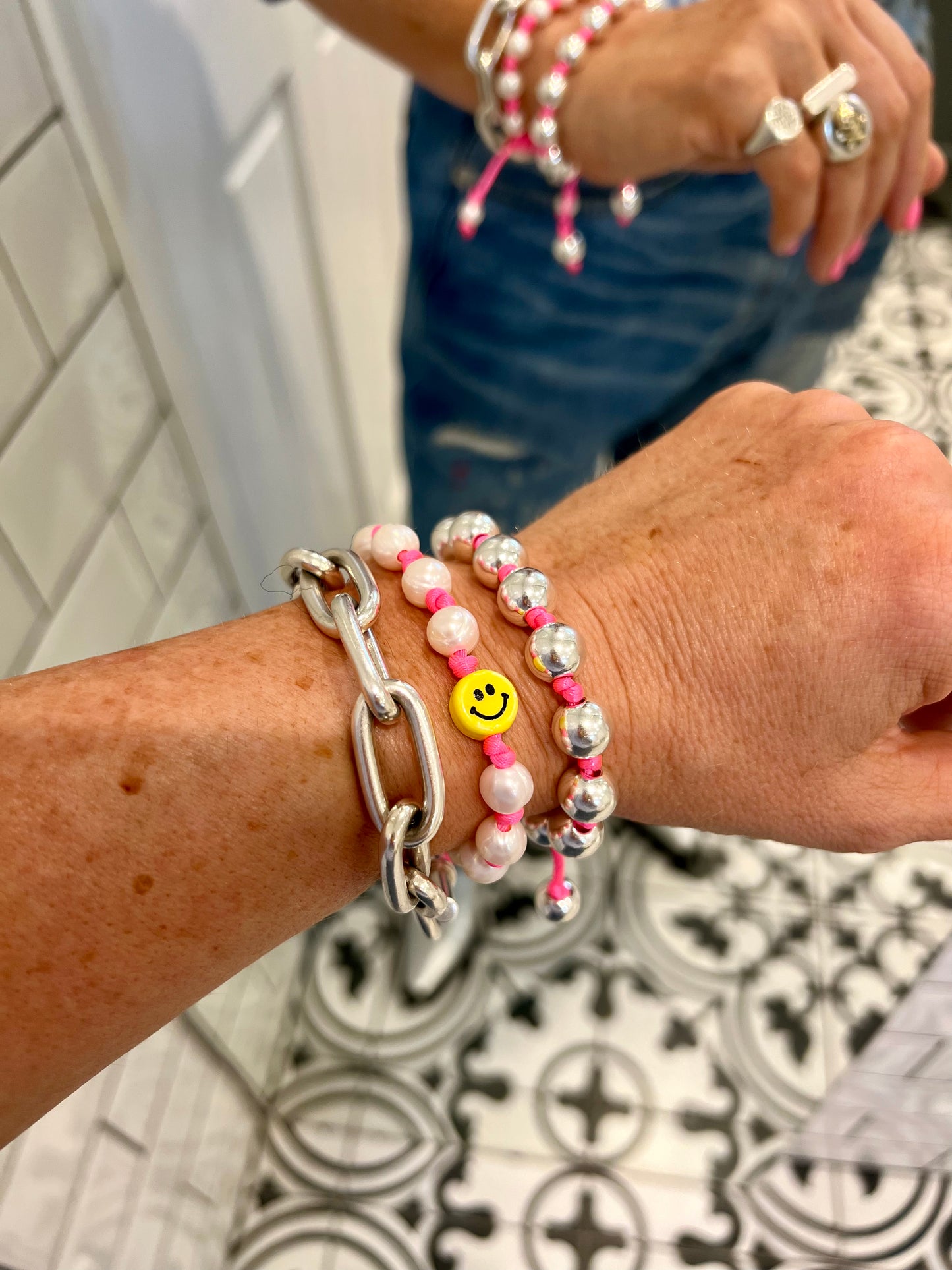 Hand Knotted Neon Silver Beaded Bracelet