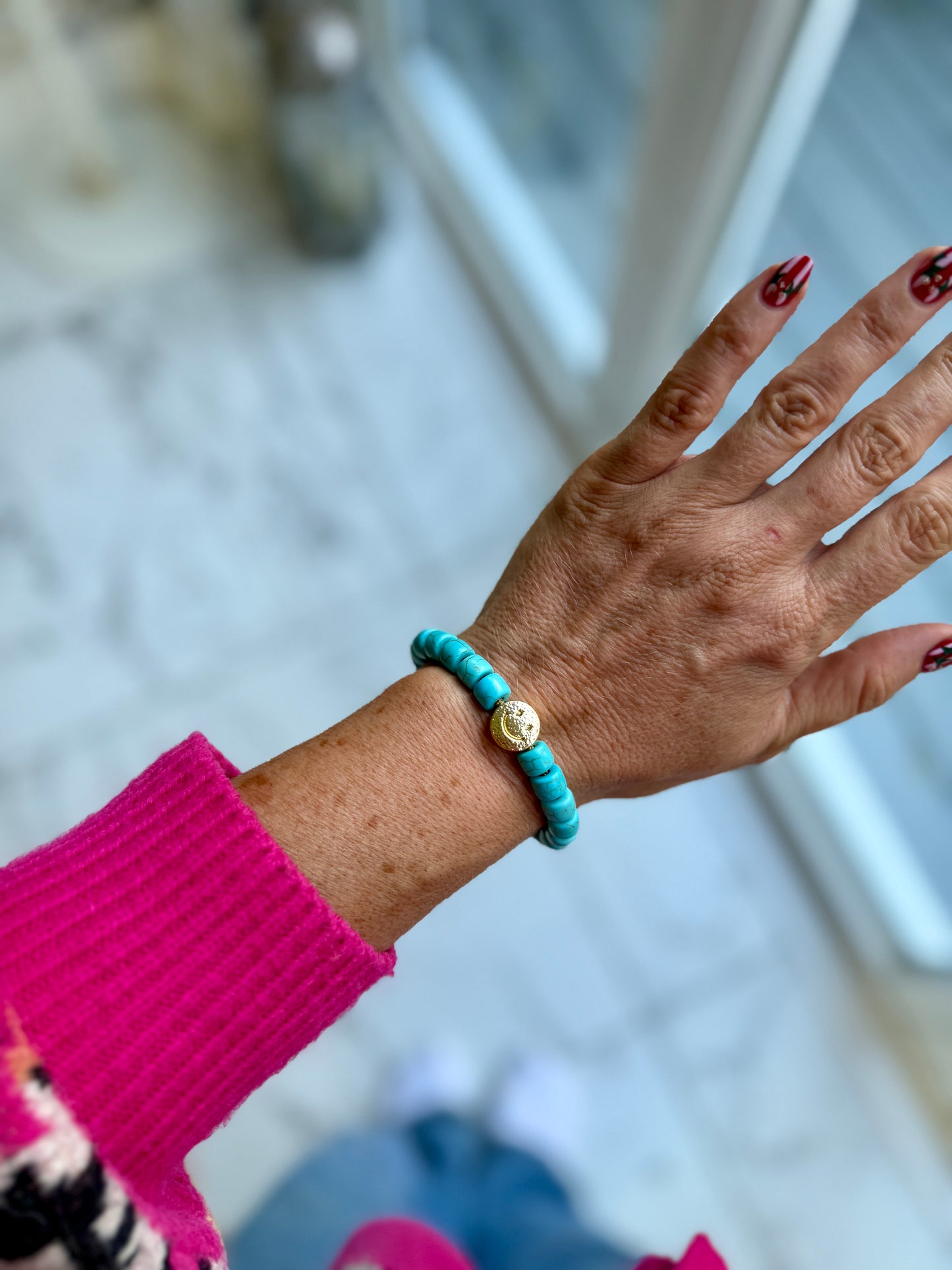 Gold Smiley & Blue Turquoise Gemstone Bracelet