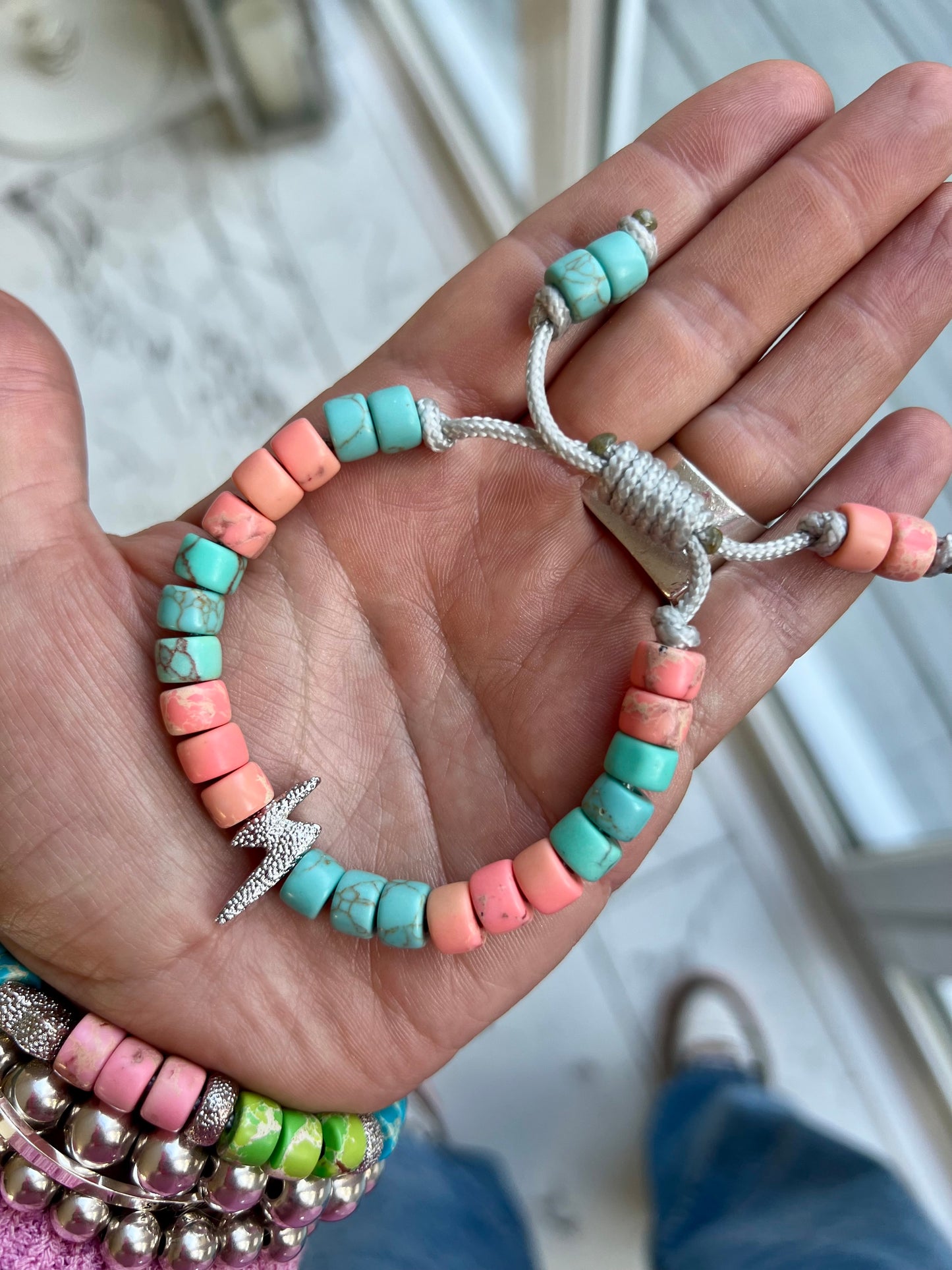 Silver Bolt & Turquoise/Peach Gemstone Bracelet