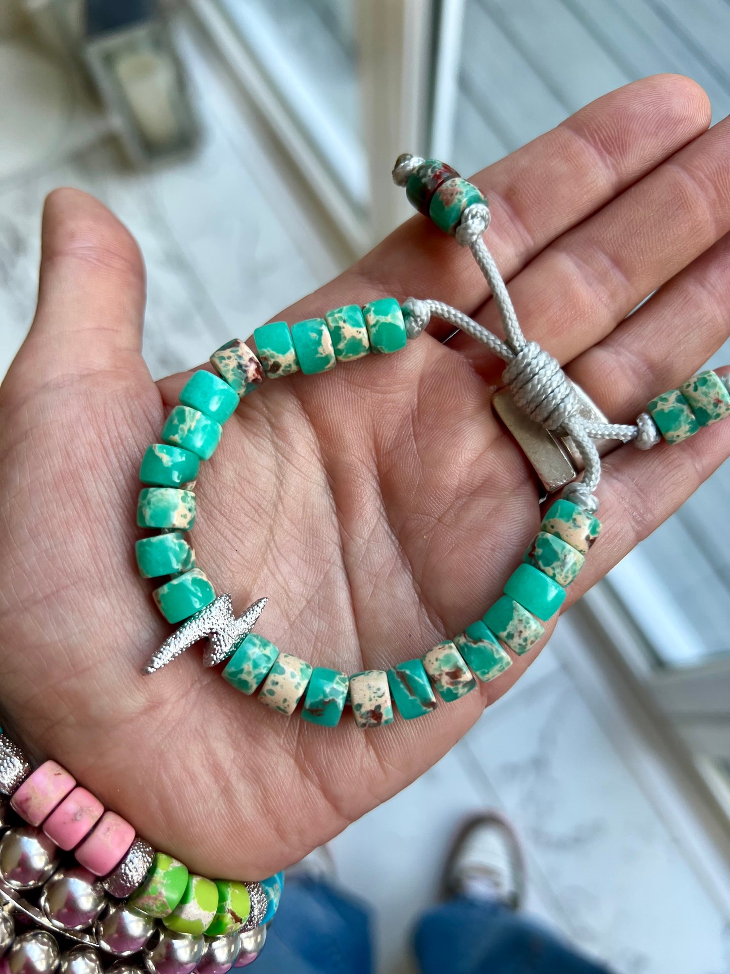 Silver Bolt & Teal Gemstone Bracelet