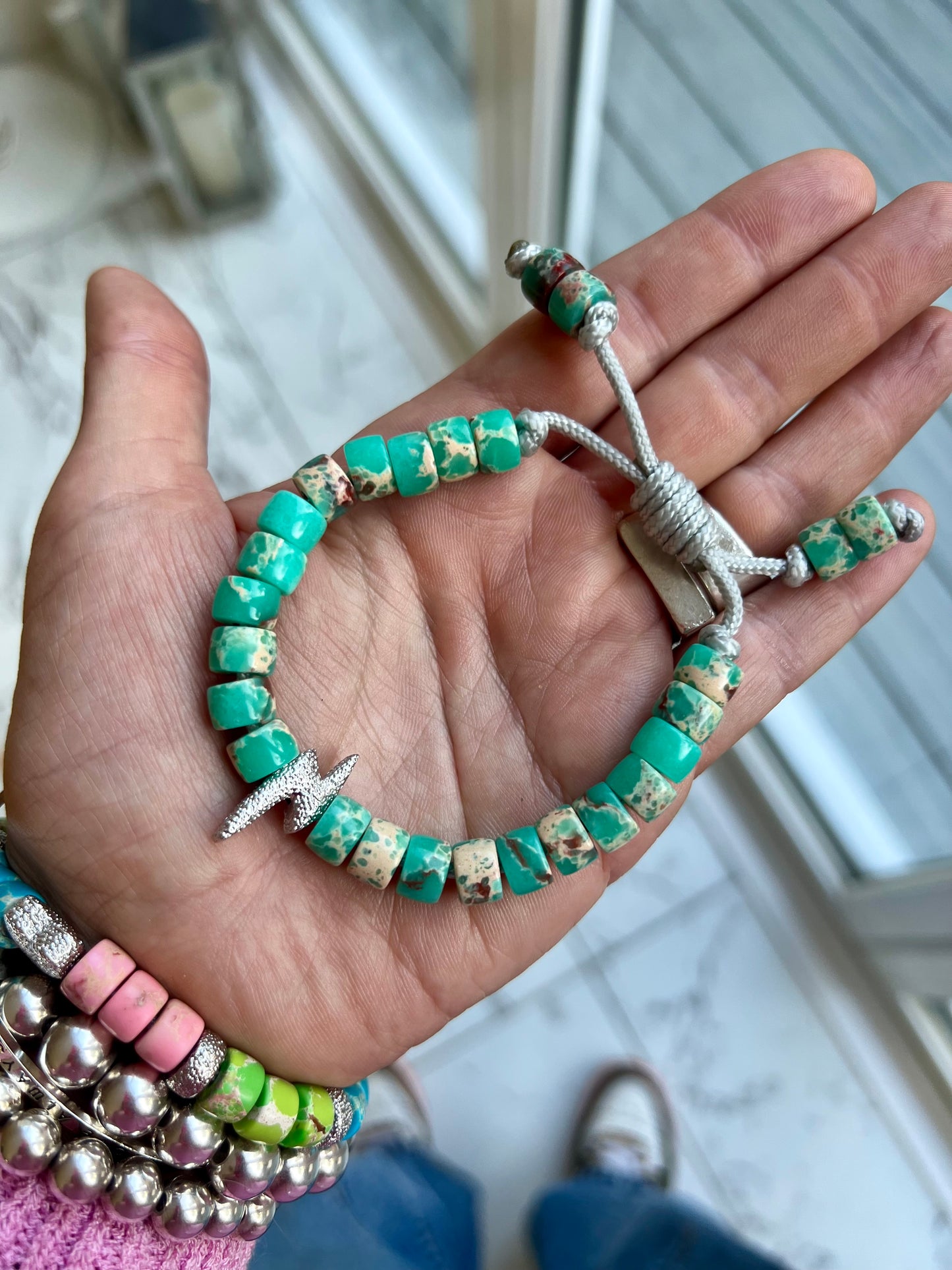 Silver Bolt & Teal Gemstone Bracelet