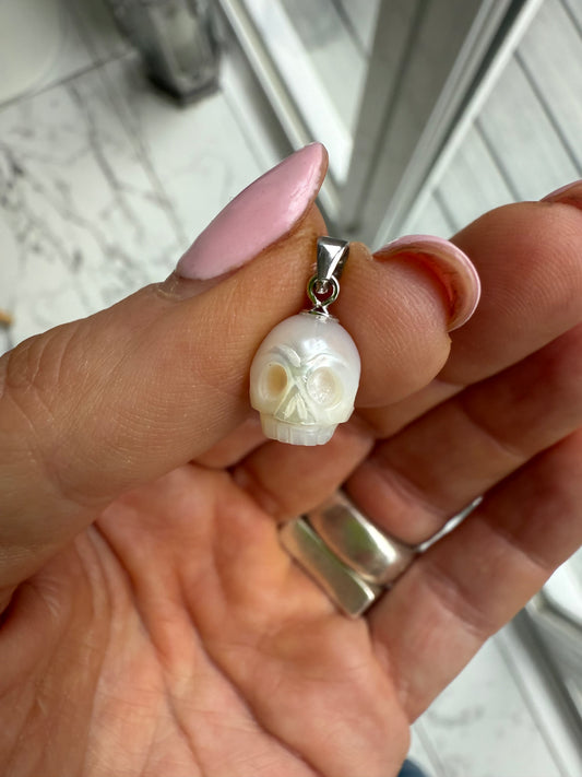 Hand Carved Skull Freshwater Pearl Pendant