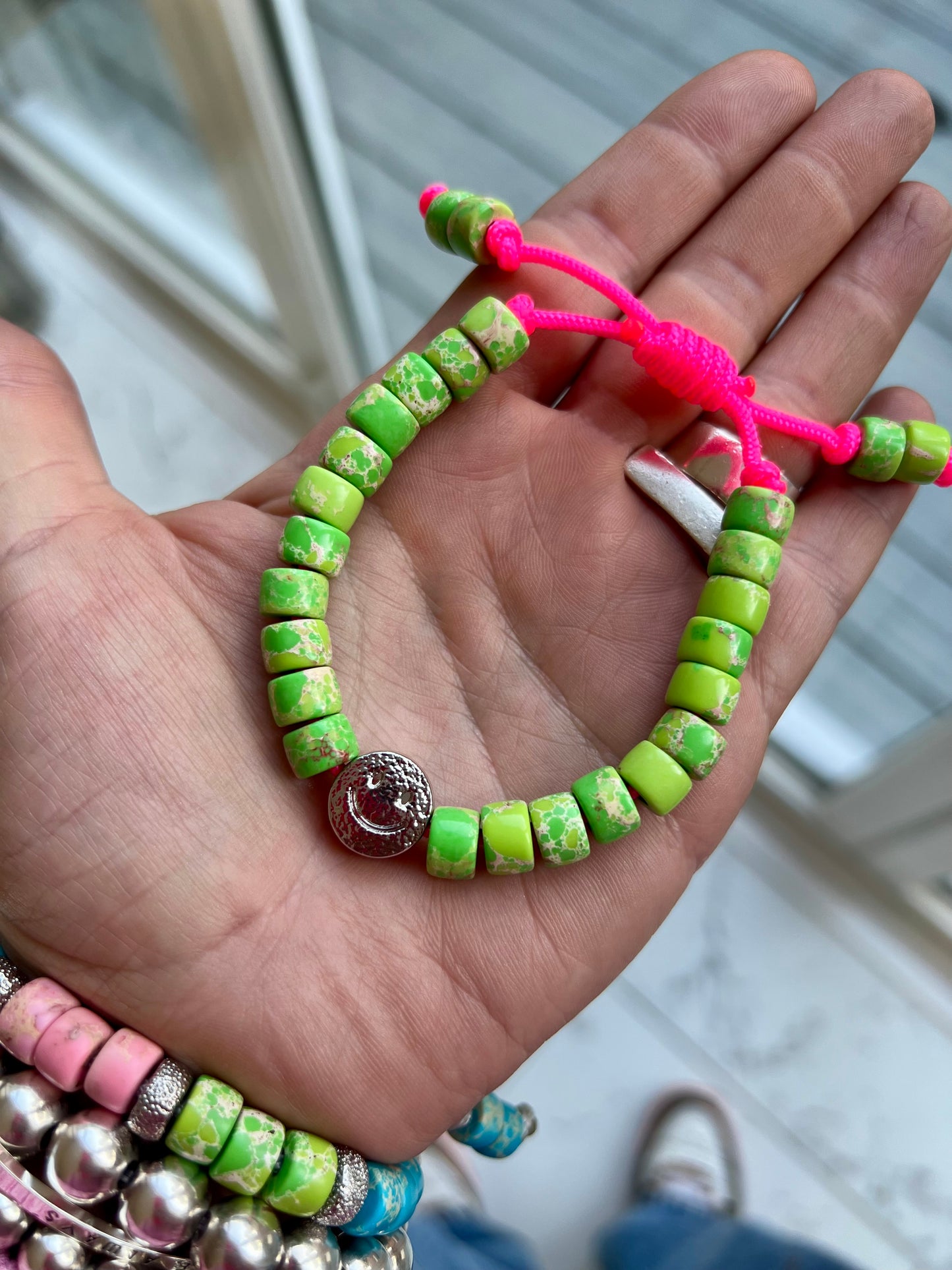 Silver Smiley & Green Gemstone Bracelet