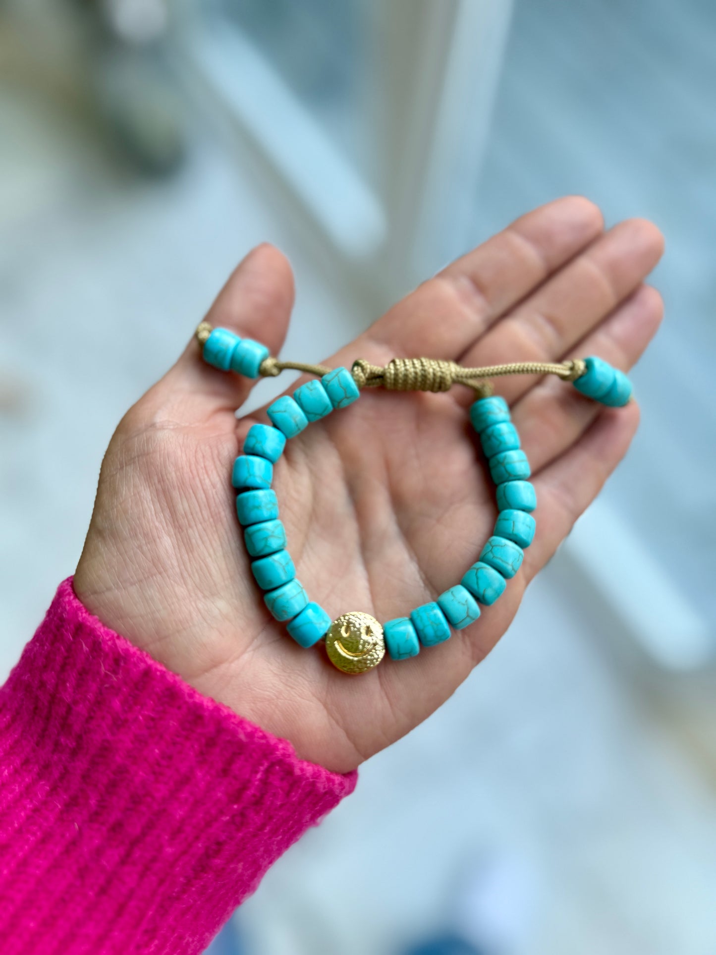 Gold Smiley & Blue Turquoise Gemstone Bracelet