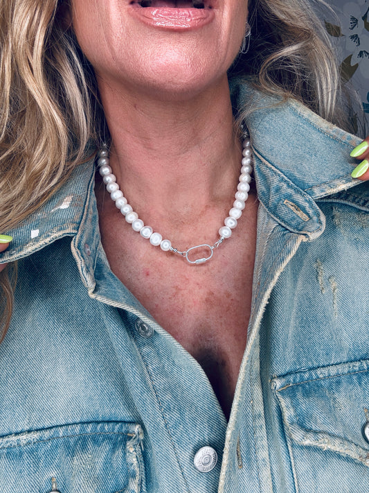Chunky Pearl Necklace with Oval Carabiner Clasp