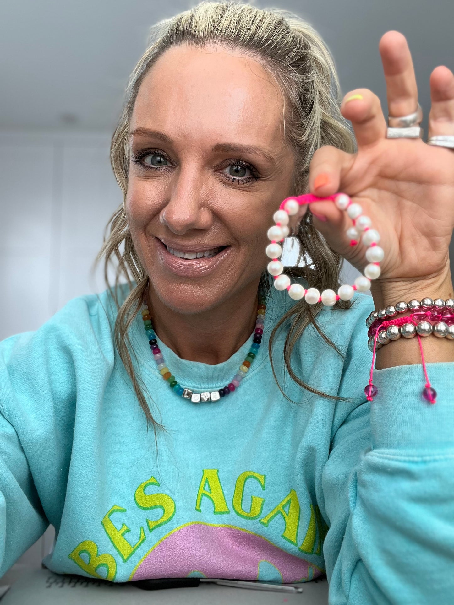 Hand Knotted Neon Pink Pearl Bracelet