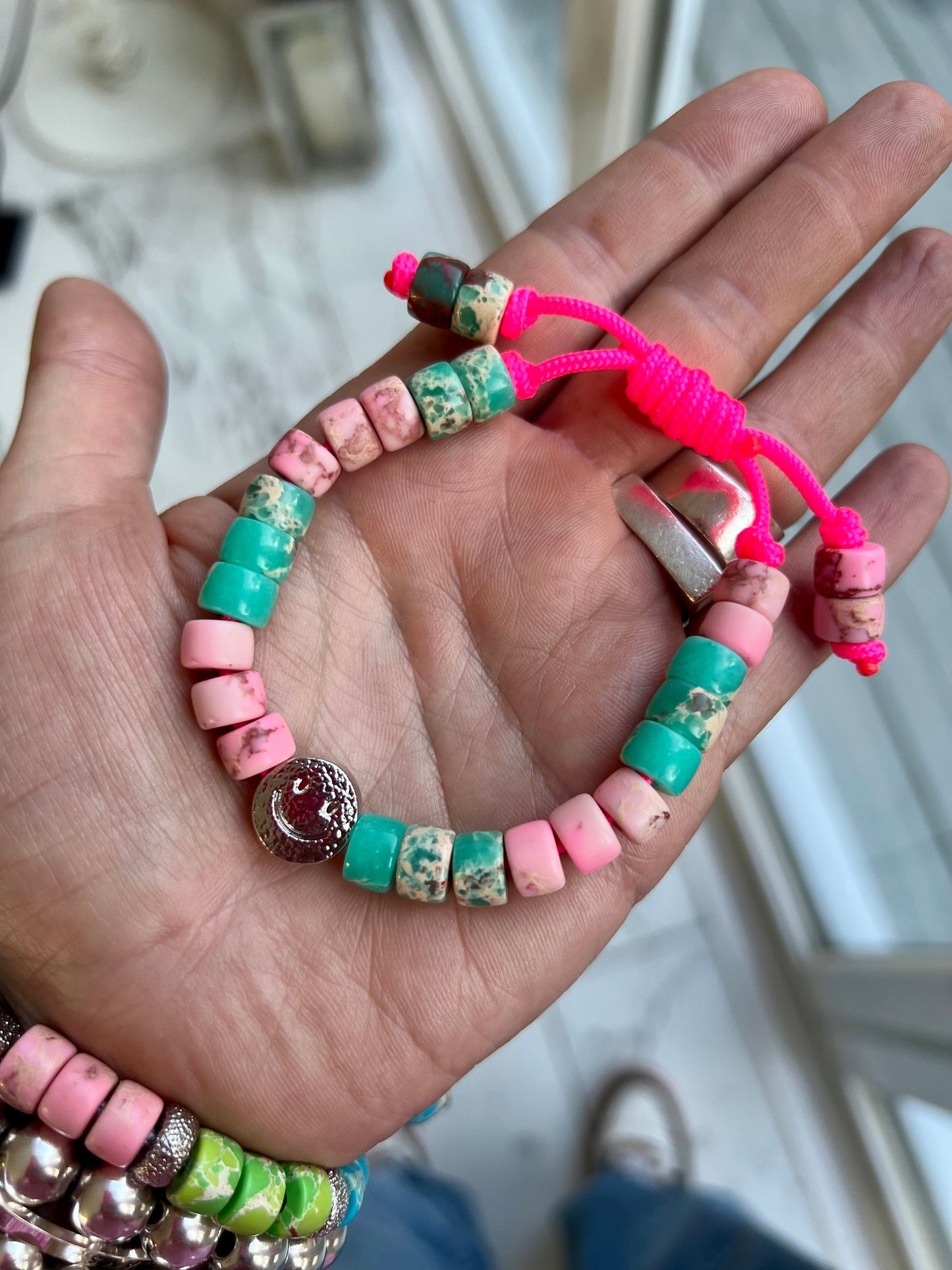 Silver Smiley & Pink/Teal Gemstone Bracelet