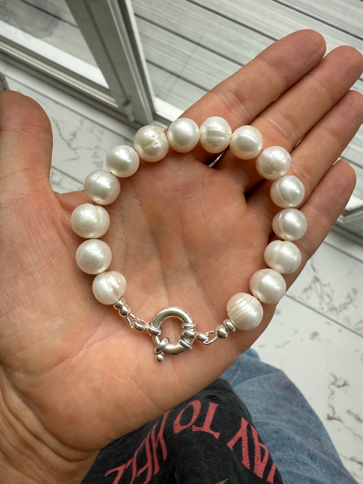 XL Chunky Pearl Bracelet with Sterling Silver Bolt Clasp