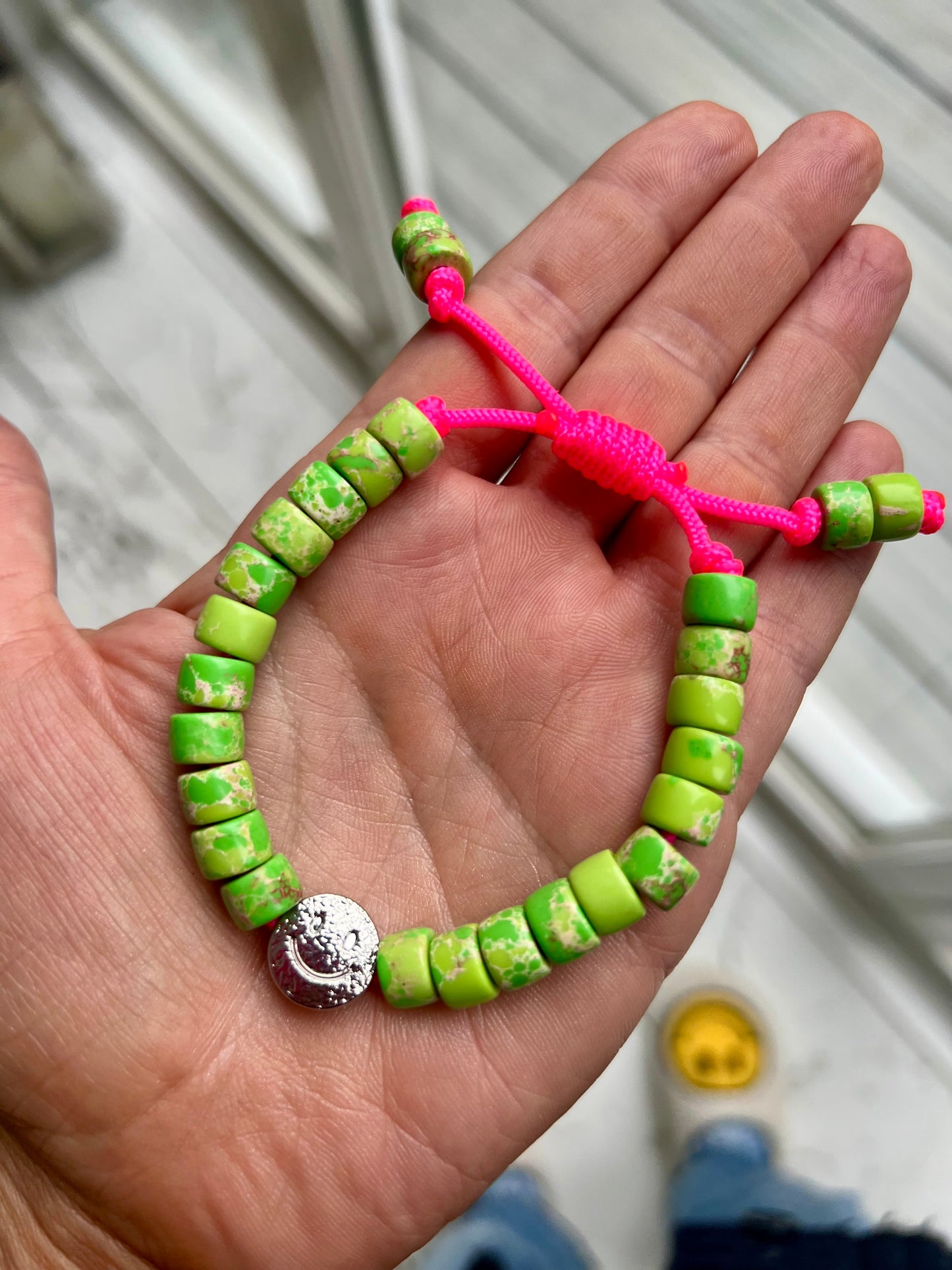 Silver Smiley & Green Gemstone Bracelet